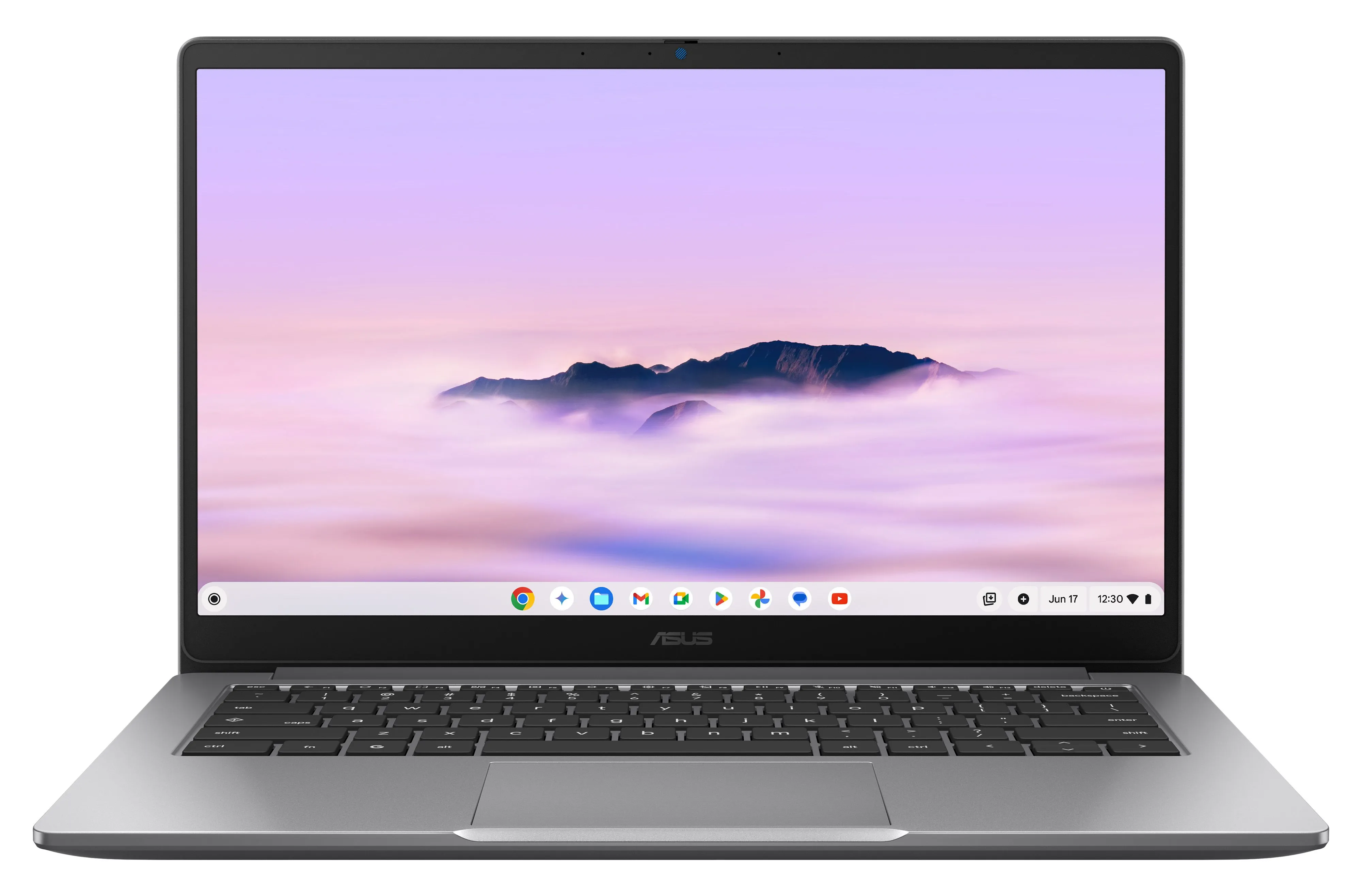 Laptop ASUS Chromebook Plus CX14 màu xám khói hiển thị mặt trước với màn hình và bàn phím.