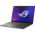 Laptop gaming ASUS ROG Zephyrus G16 (2024) 16 inch màu xám, màn hình OLED QHD sáng rực rỡ, hiển thị thiết kế mỏng nhẹ của dòng ROG trên nền trắng