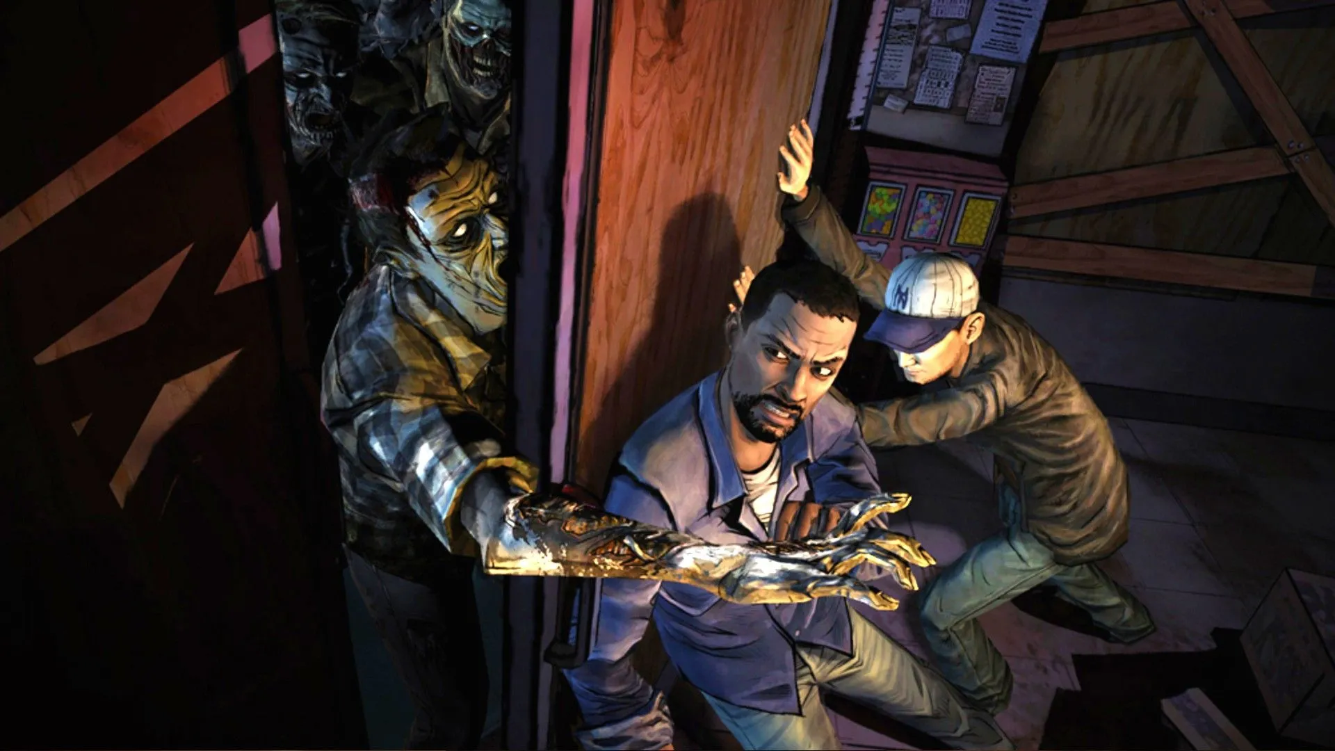 Lee Everett cố gắng giữ cánh cửa trong The Walking Dead, biểu tượng cho nỗ lực bảo vệ Clementine trong giờ phút cuối cùng.