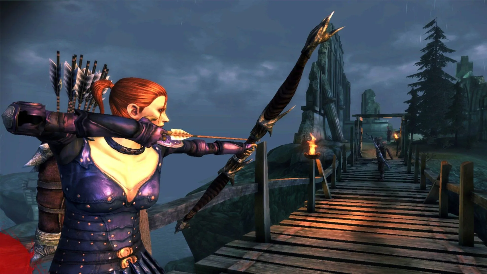 Leliana chuẩn bị bắn cung trong Dragon Age: Origins, minh họa một nhân vật quan trọng trong thế giới đầy lựa chọn.