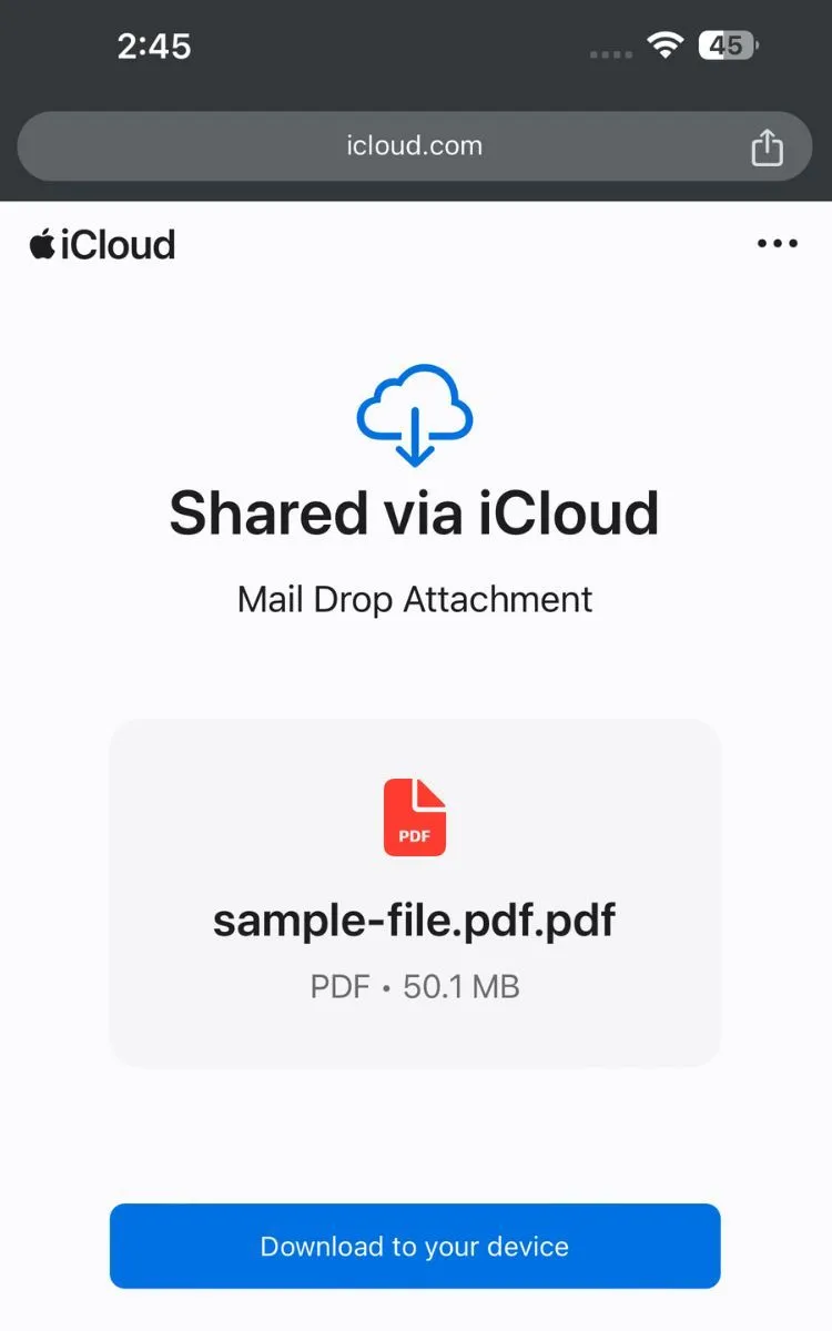 Liên kết Mail Drop để tải xuống các tệp đính kèm dung lượng lớn.
