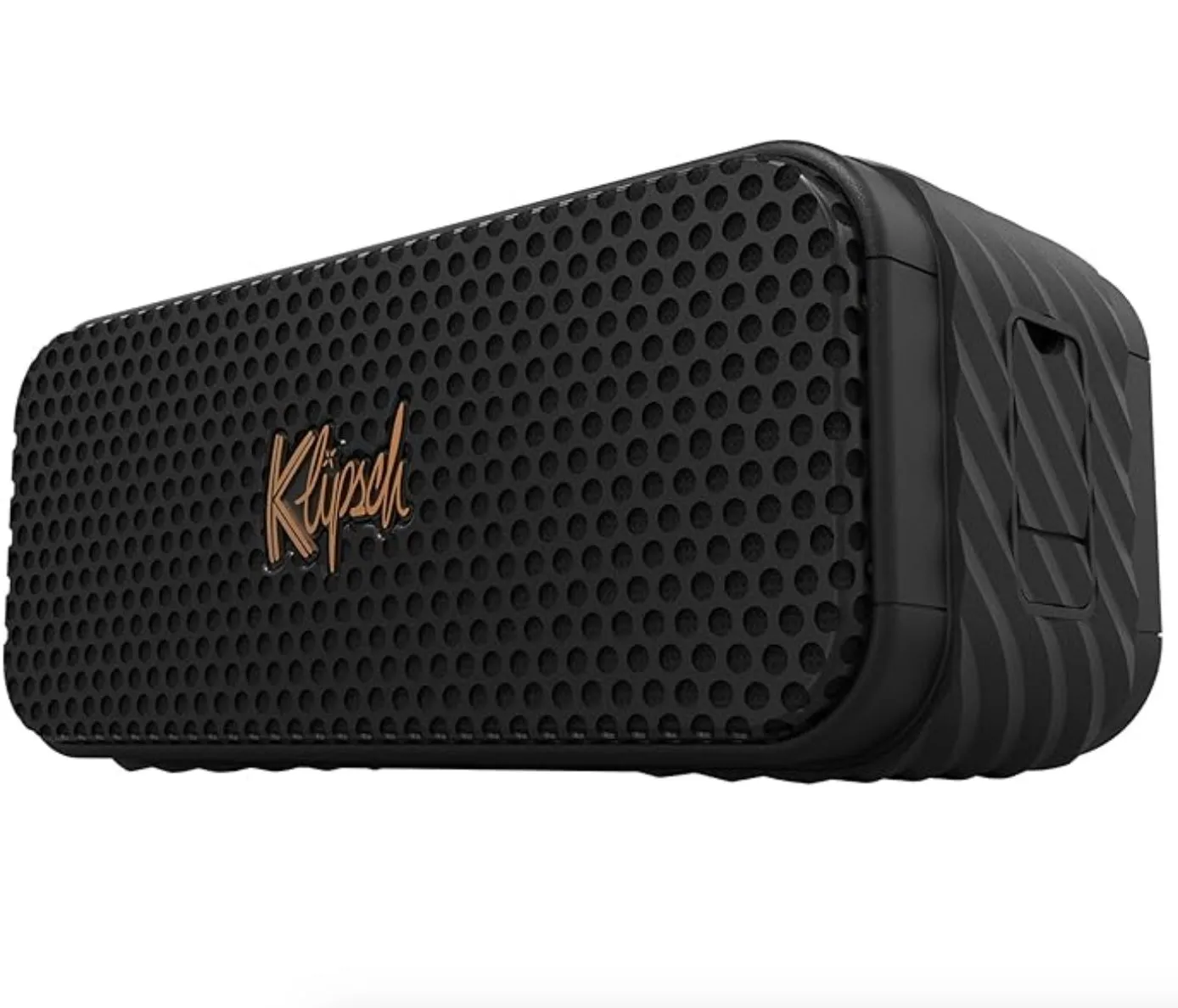 Loa Bluetooth Klipsch Nashville màu đen được đặt dọc, hiển thị các nút điều khiển và logo.