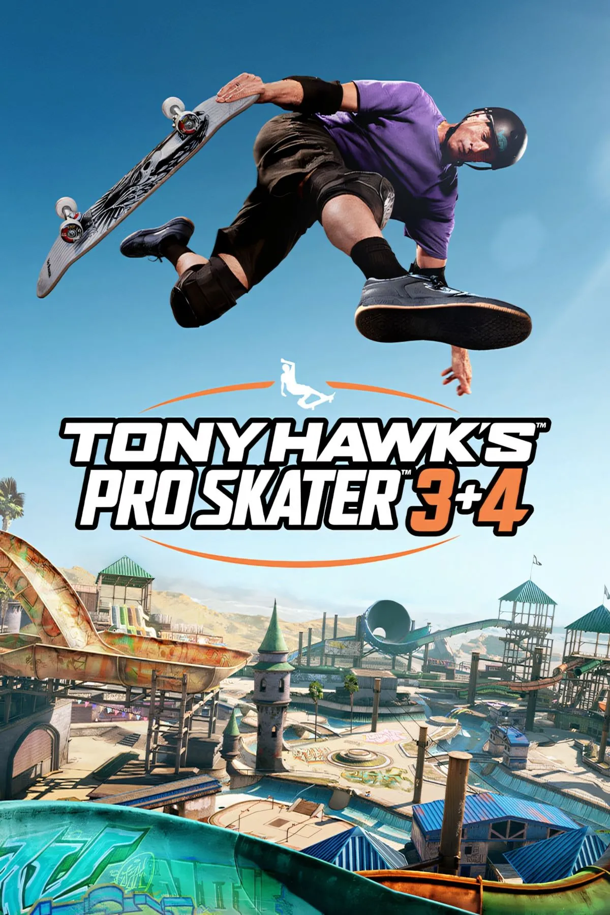 Logo chính thức của game Tony Hawk's Pro Skater 3 + 4 với hình ảnh vận động viên trượt ván Tony Hawk đang biểu diễn kỹ thuật.