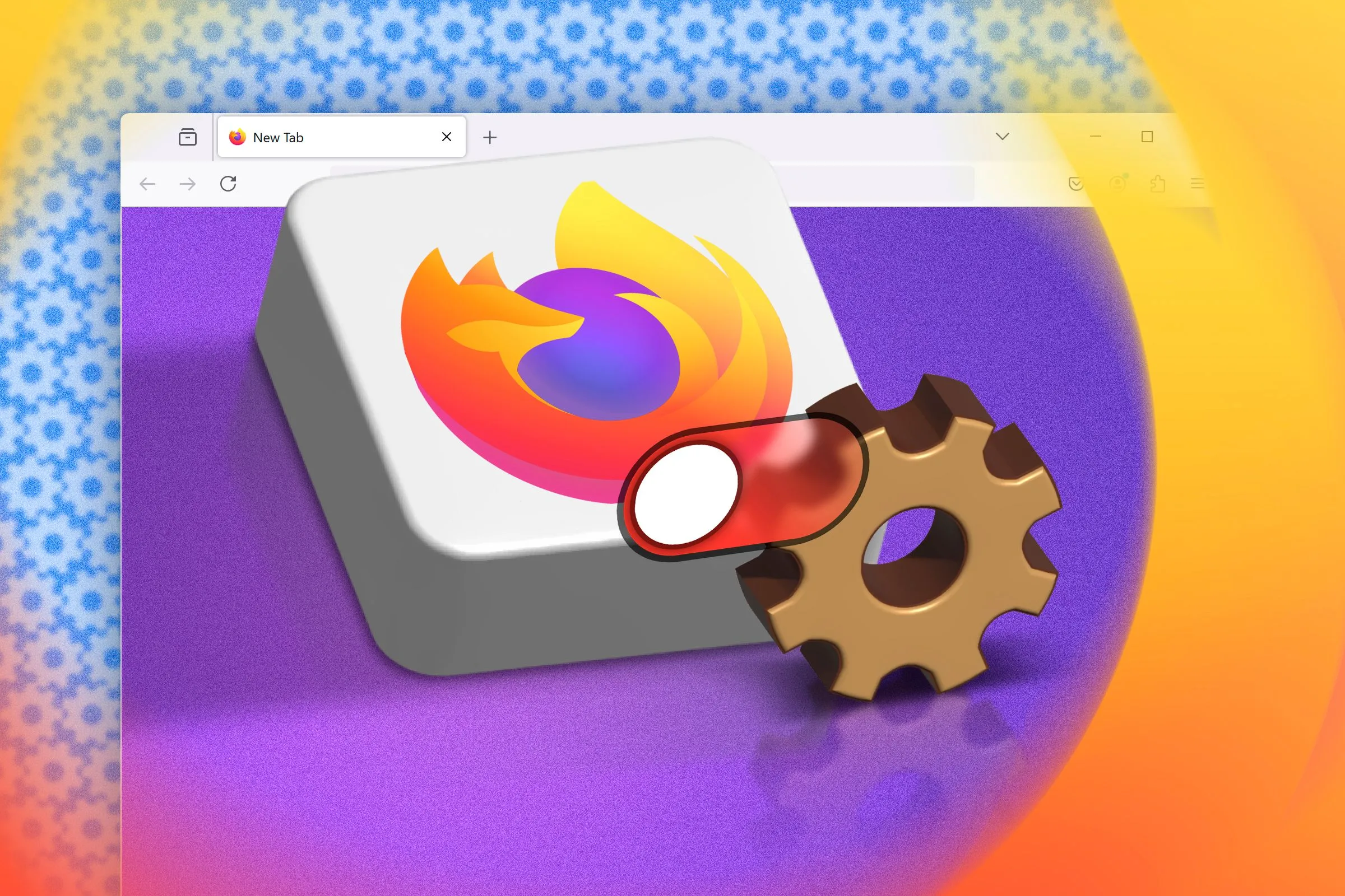 Logo Firefox cùng biểu tượng bánh răng cài đặt và công tắc tắt, thể hiện khả năng tùy biến nâng cao.