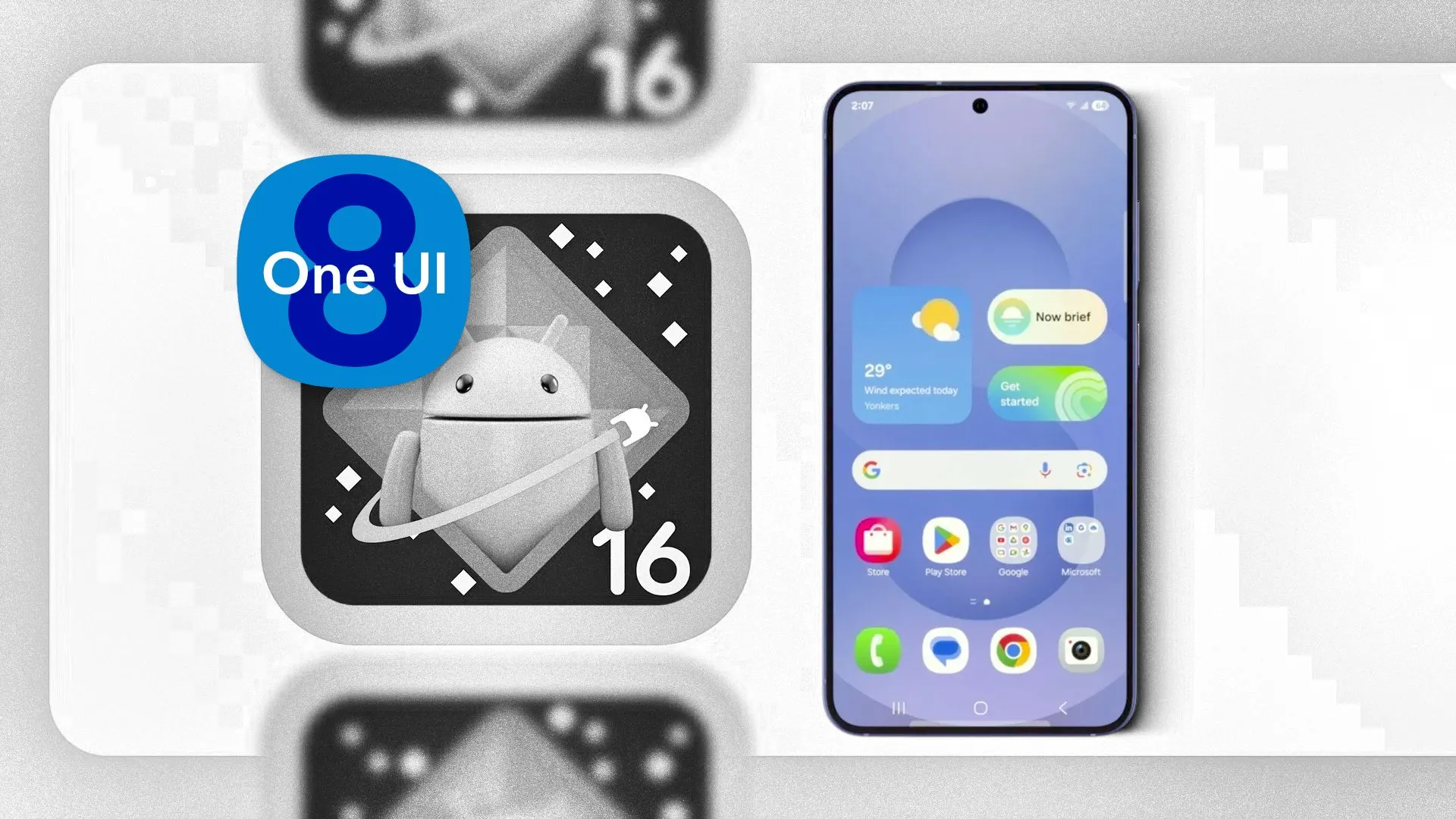 Logo One UI 8 trên nền logo Android 16 và điện thoại Samsung Galaxy, biểu tượng cho bản cập nhật hệ điều hành mới nhất.