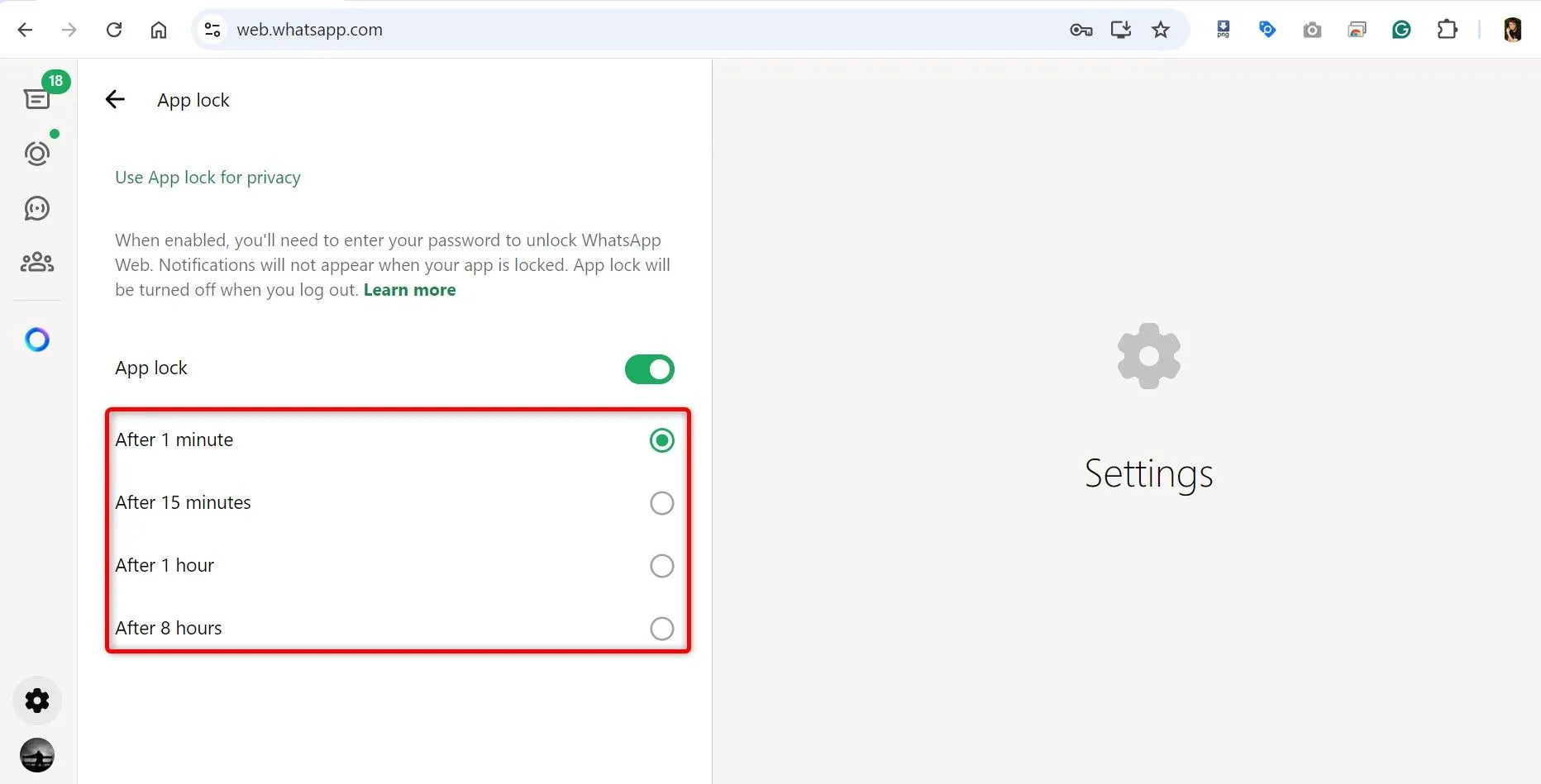 Lựa chọn thời gian tự động khóa cho WhatsApp Web