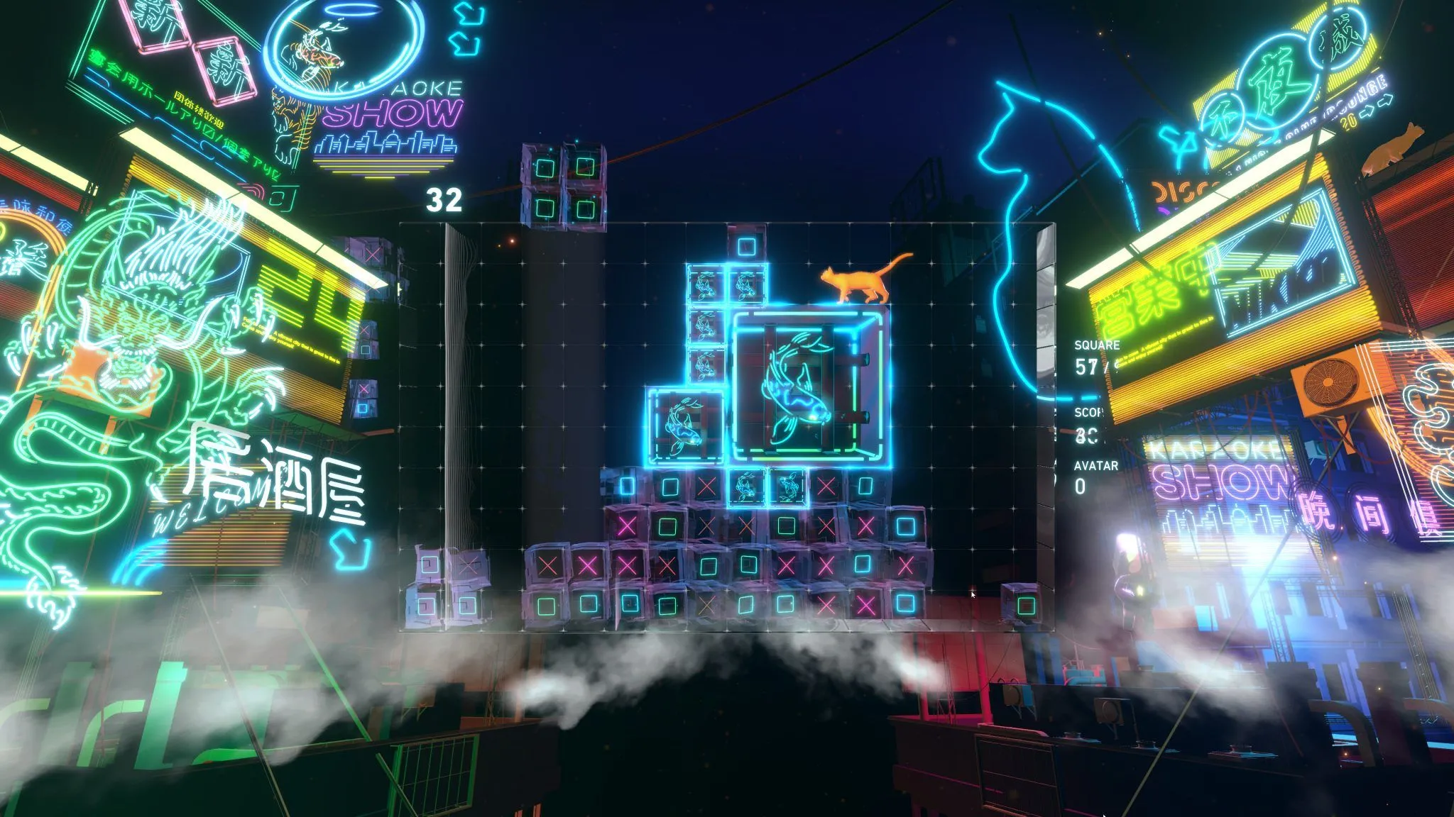 Màn chơi lấy bối cảnh thành phố Trung Quốc với ánh đèn neon và chú mèo trong game Lumines Arise VR.