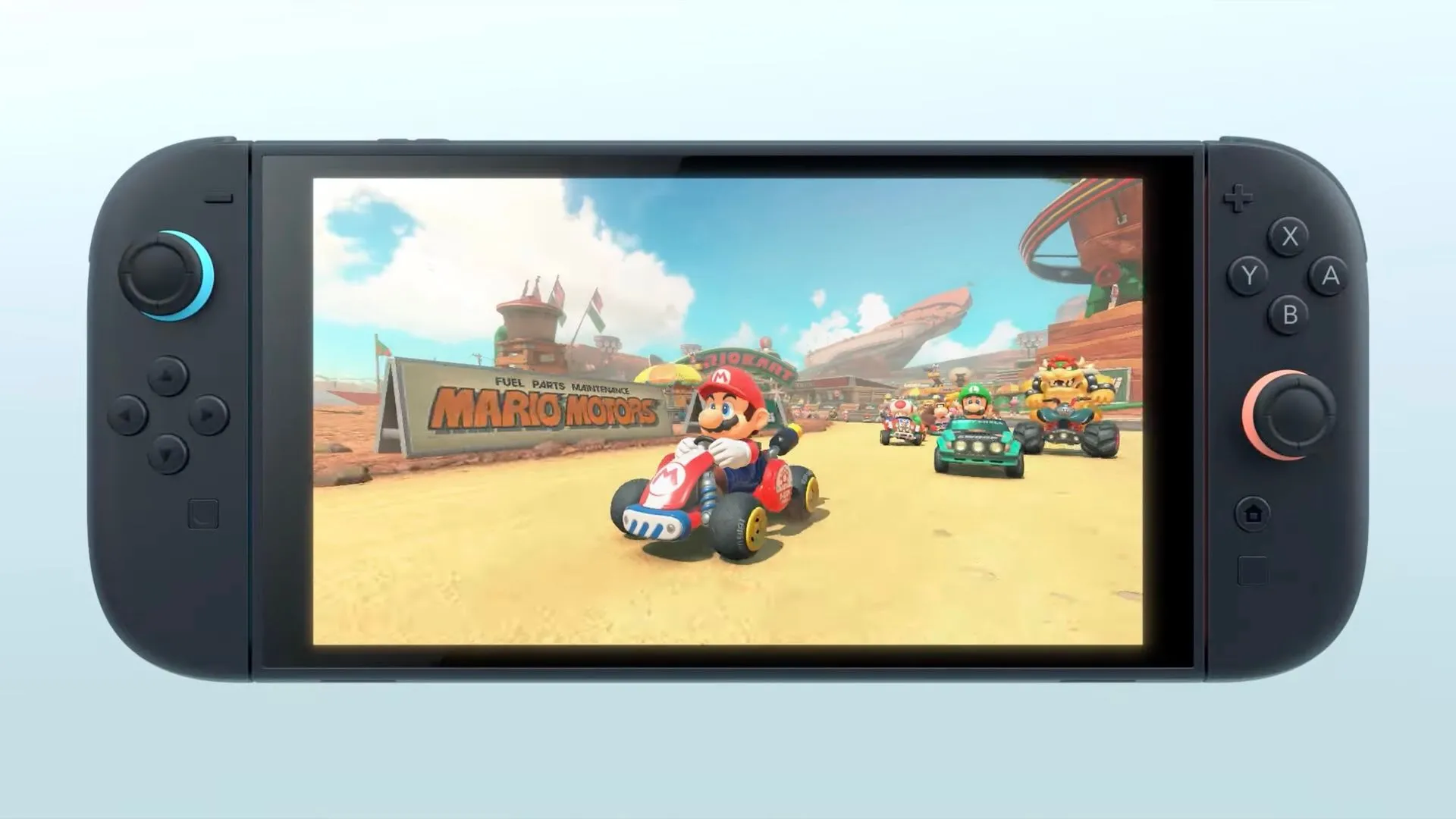 Màn hình 7.9 inch của Nintendo Switch 2 đang hiển thị tựa game Mario Kart, minh họa độ phân giải 1080p và khả năng hiển thị màu sắc sống động.