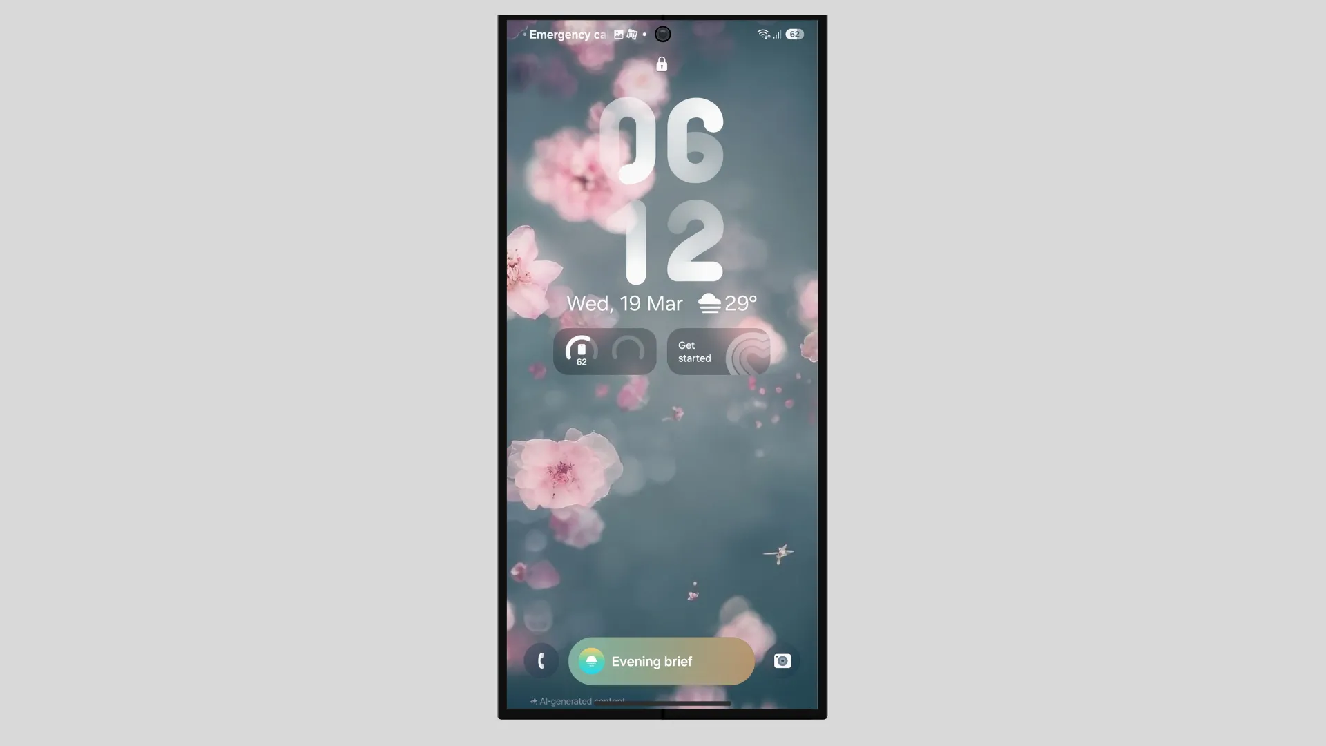Màn hình Always On Display (AOD) đã tùy chỉnh trên Galaxy S25, với đồng hồ và widget hiển thị rõ ràng.