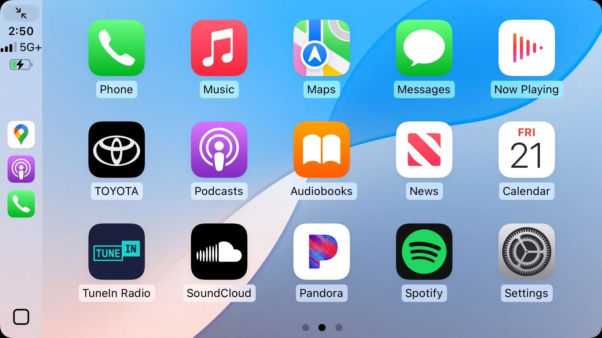 Màn hình Apple CarPlay với bố cục ba hàng biểu tượng ứng dụng, hiển thị các dịch vụ âm nhạc, bản đồ và nhắn tin.