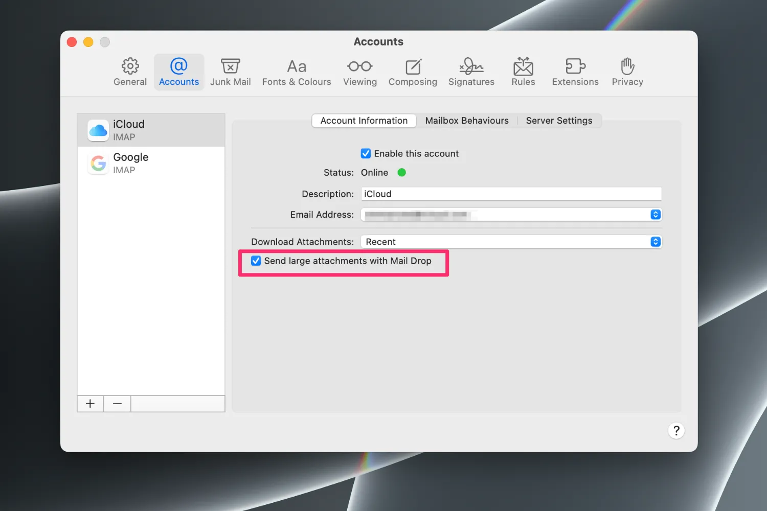Màn hình Cài đặt ứng dụng Mail trên Mac hiển thị cách bật tính năng Mail Drop.