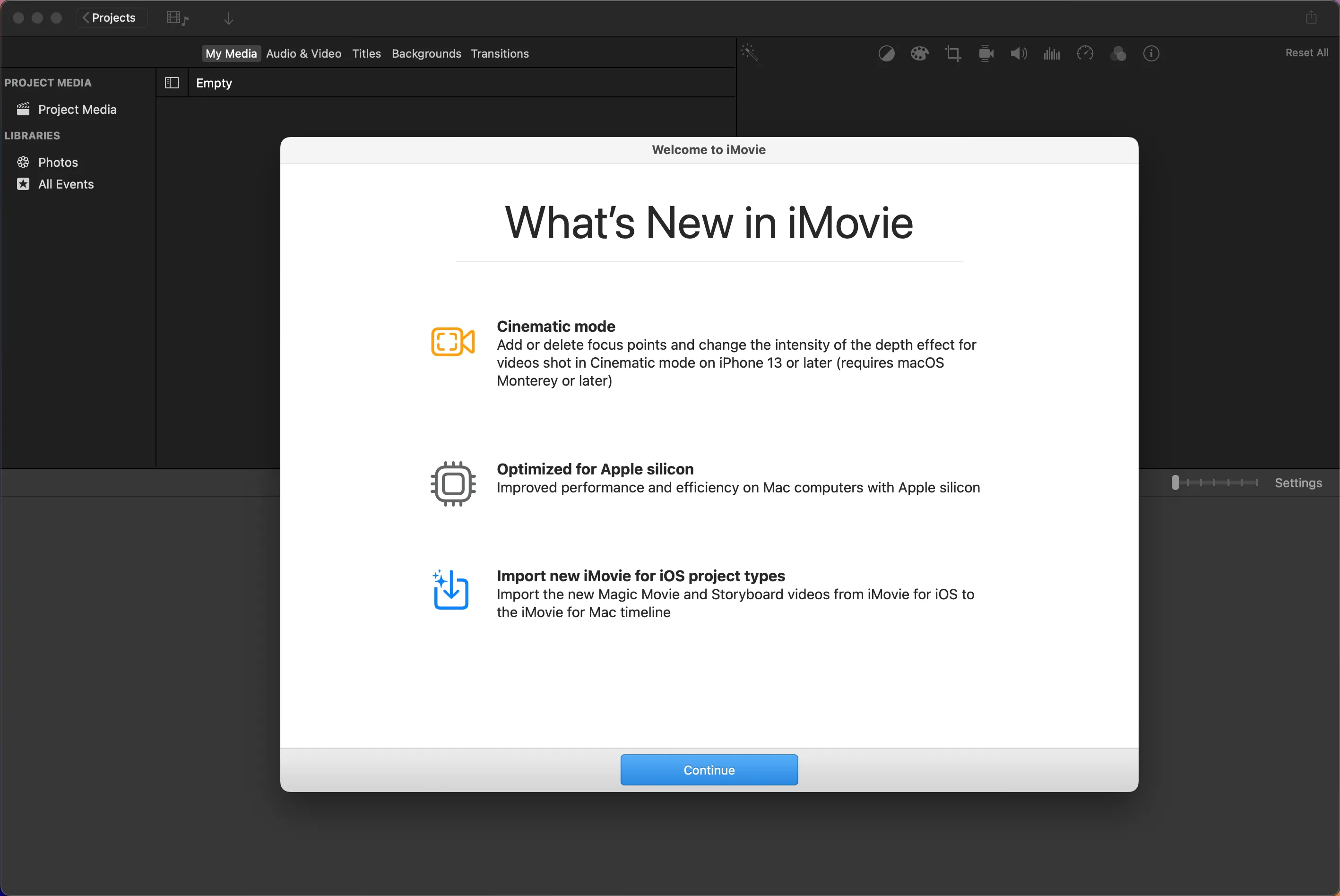 Màn hình chào mừng của iMovie cho Mac, làm nổi bật các tính năng mới và cập nhật.