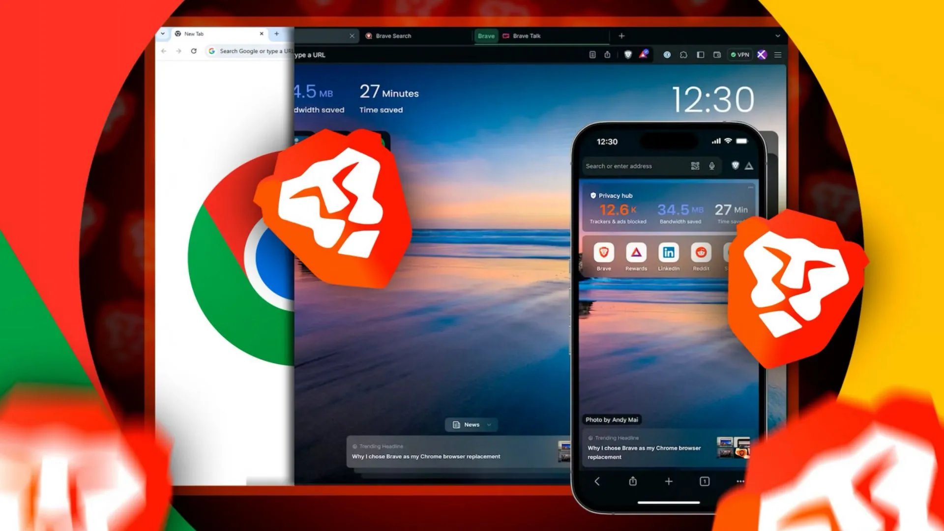 Màn hình chia đôi giữa trình duyệt Chrome và Brave, Brave chiếm phần lớn không gian.