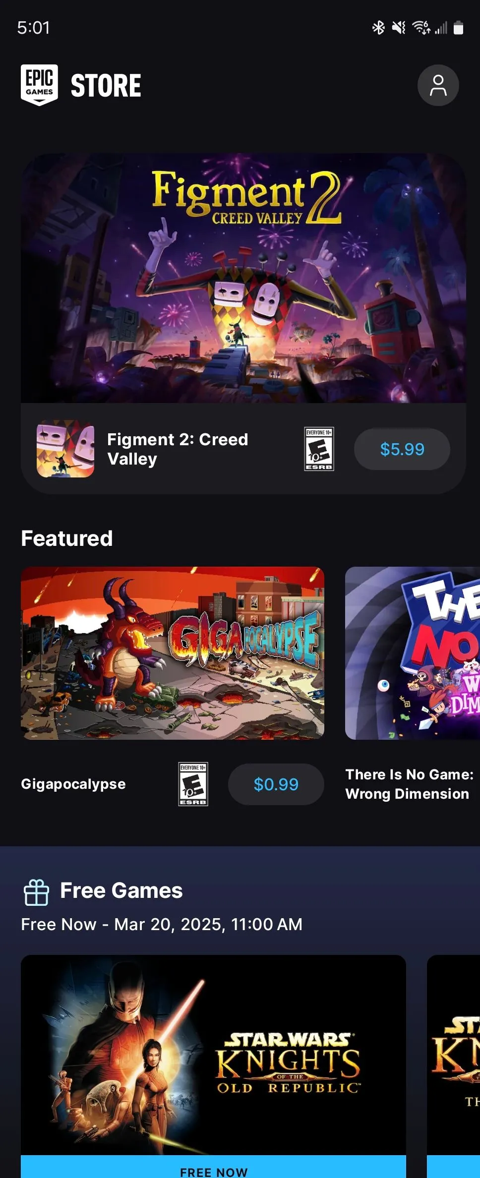 Màn hình chính của Epic Games Store trên thiết bị Android, nơi giới thiệu các tựa game nổi bật và khuyến mãi.
