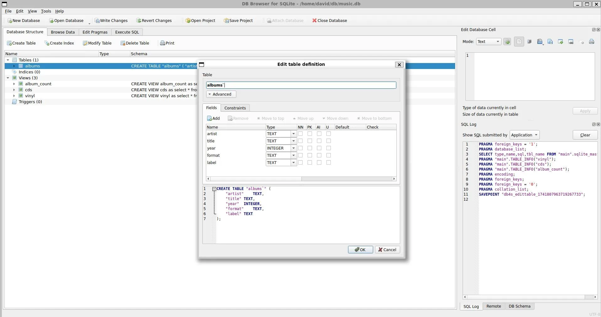Màn hình chỉnh sửa cấu trúc bảng trong DB Browser cho SQLite, cho phép thêm hoặc xóa trường dữ liệu.