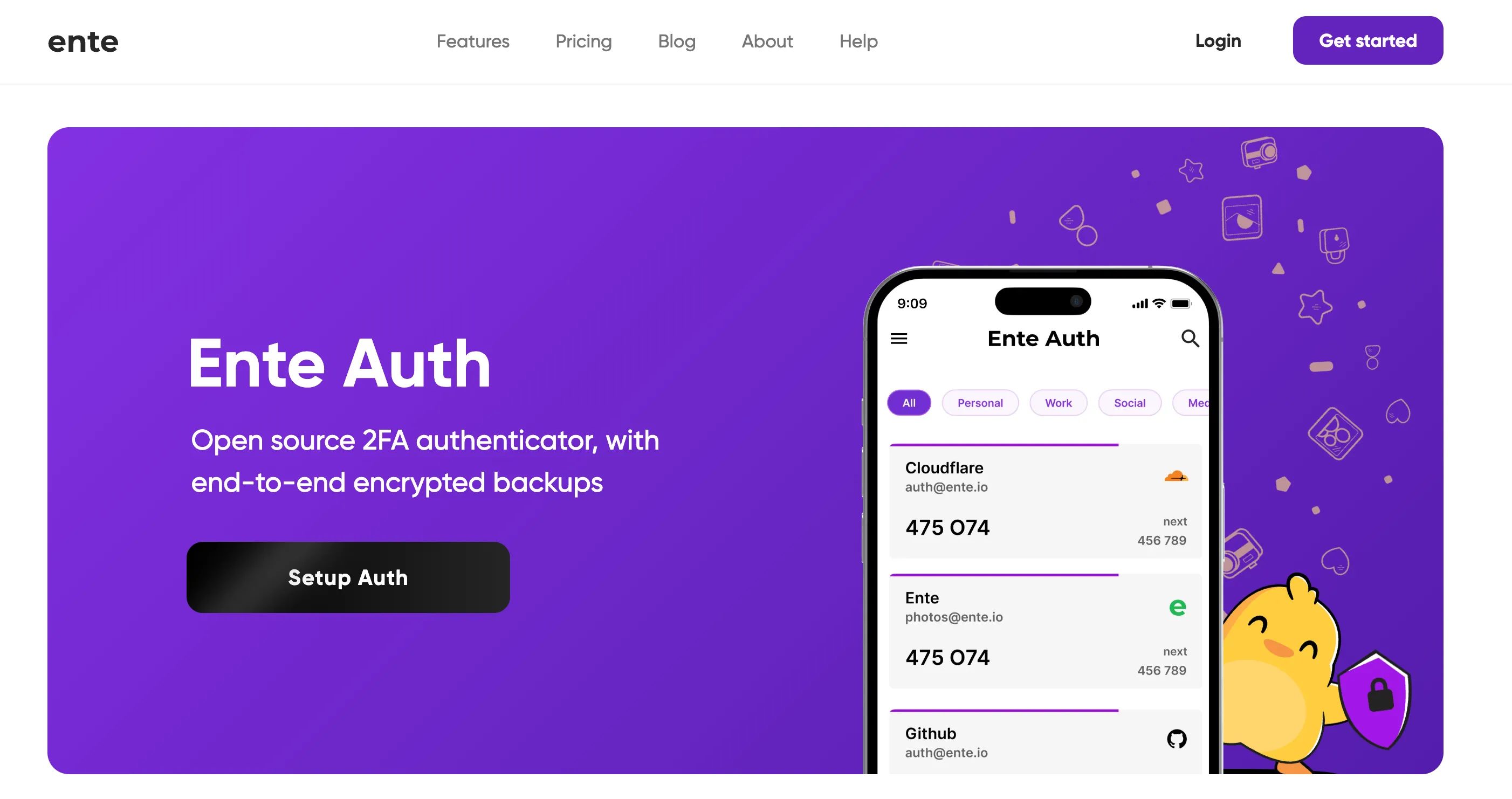 Màn hình chính ứng dụng Ente Auth, công cụ xác thực 2 yếu tố (2FA) mã nguồn mở an toàn và đa nền tảng.