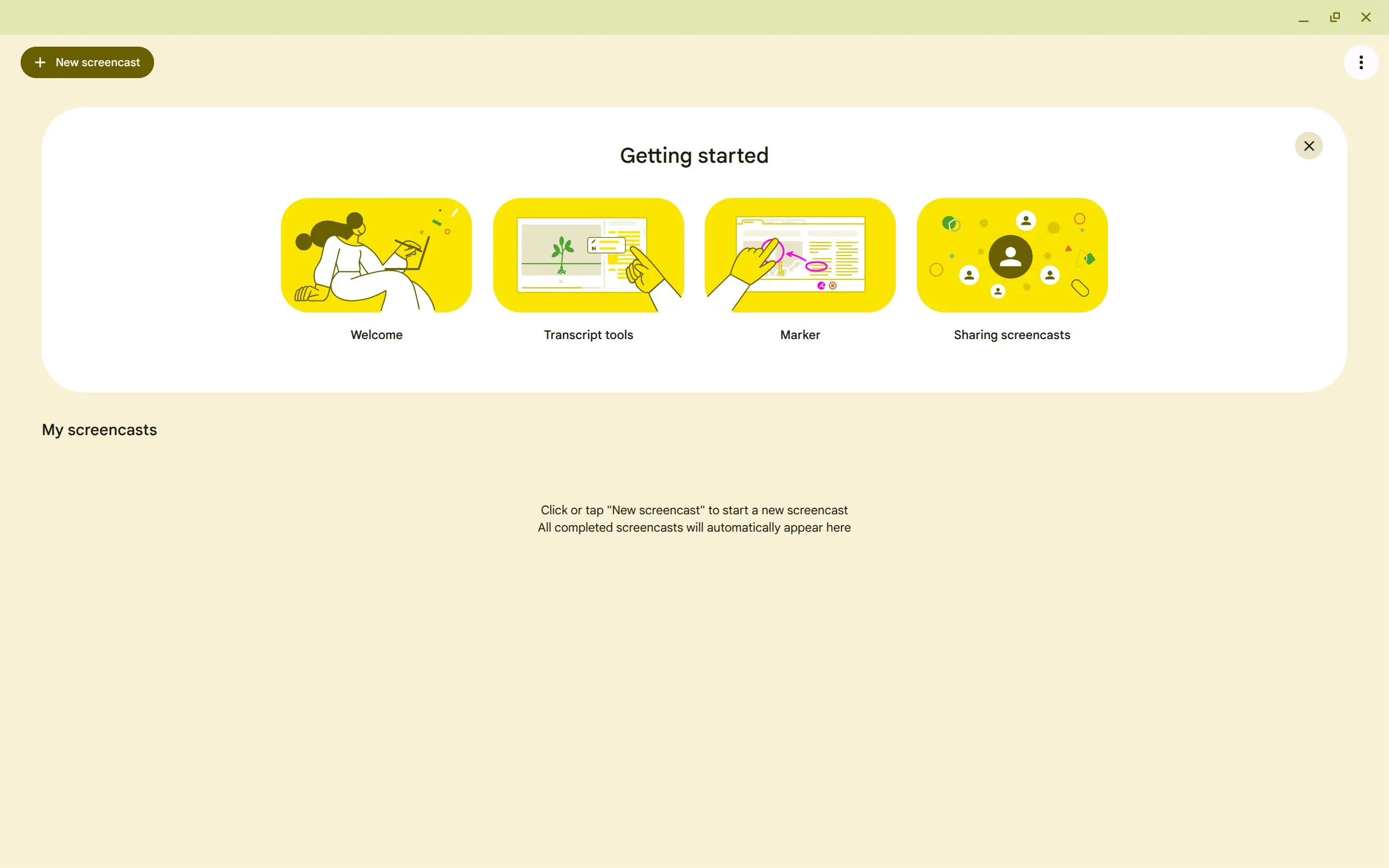 Màn hình chính ứng dụng Screencast trên Chromebook, cho phép người dùng ghi lại màn hình và khuôn mặt đồng thời.