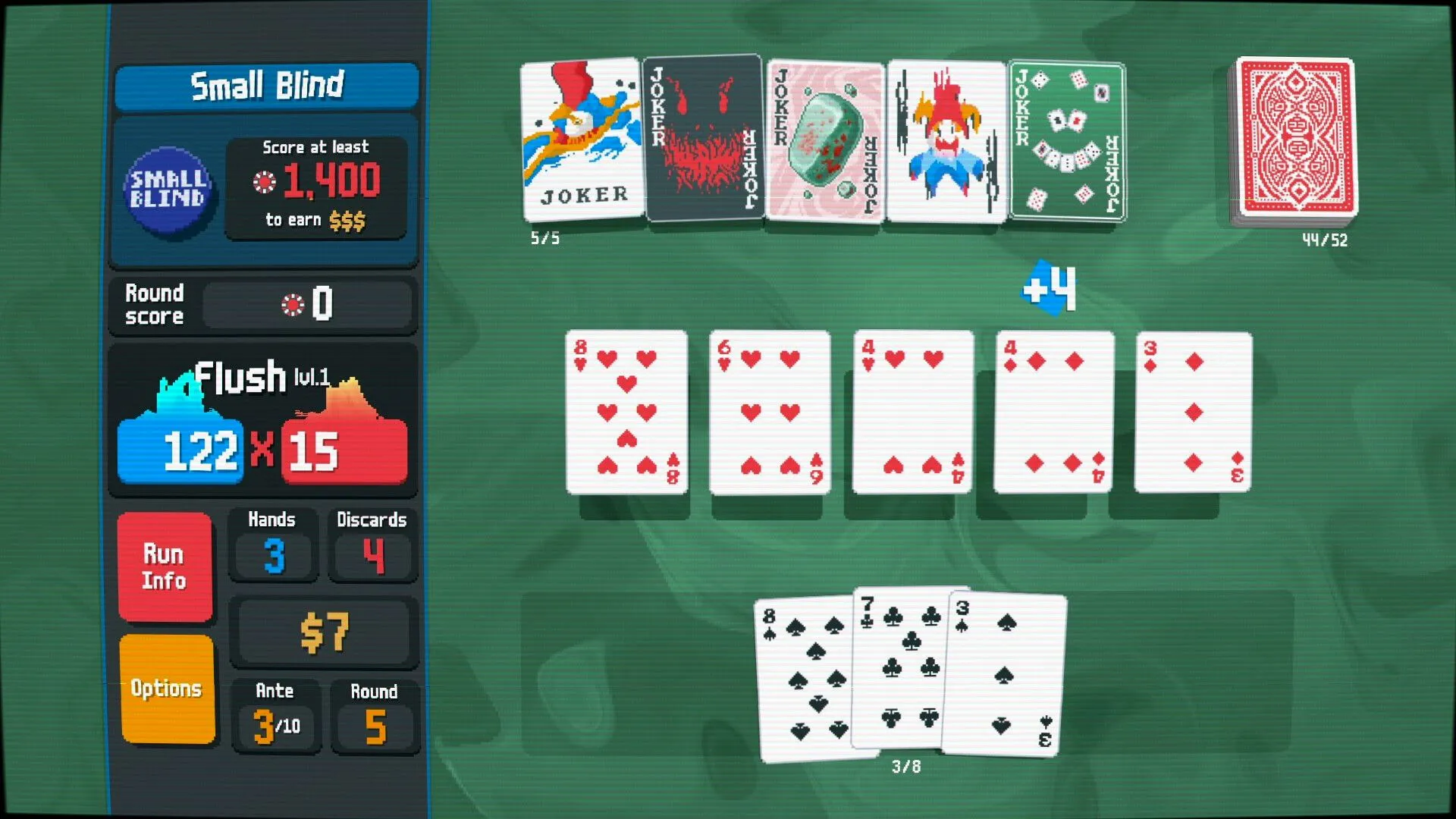 Màn hình chơi game Balatro với các lá bài và hàng thẻ Joker, thể hiện lối chơi thẻ bài roguelike độc đáo.