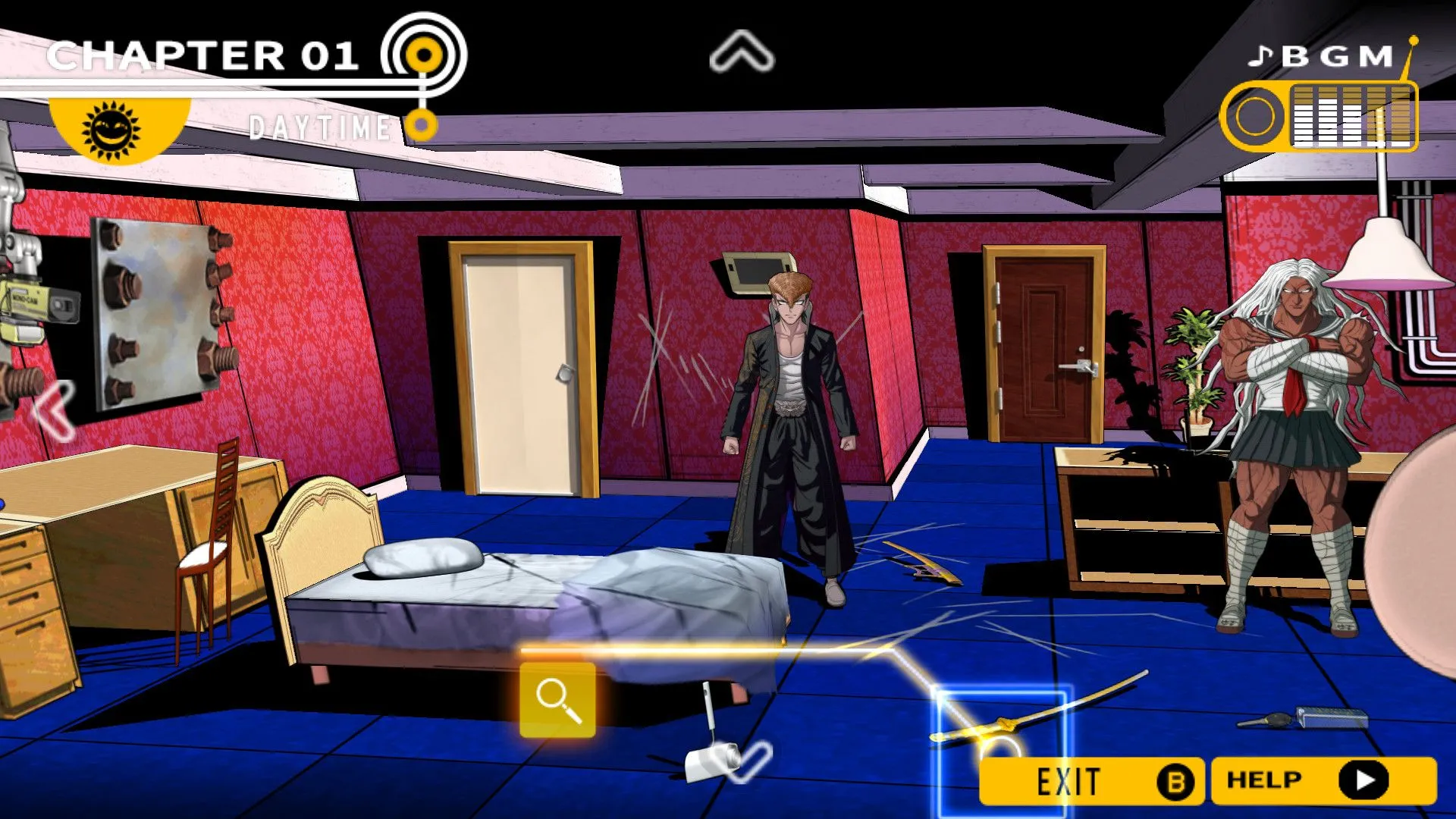Màn hình điển hình của game Danganronpa, minh họa cho thể loại tiểu thuyết trực quan (Visual Novel)