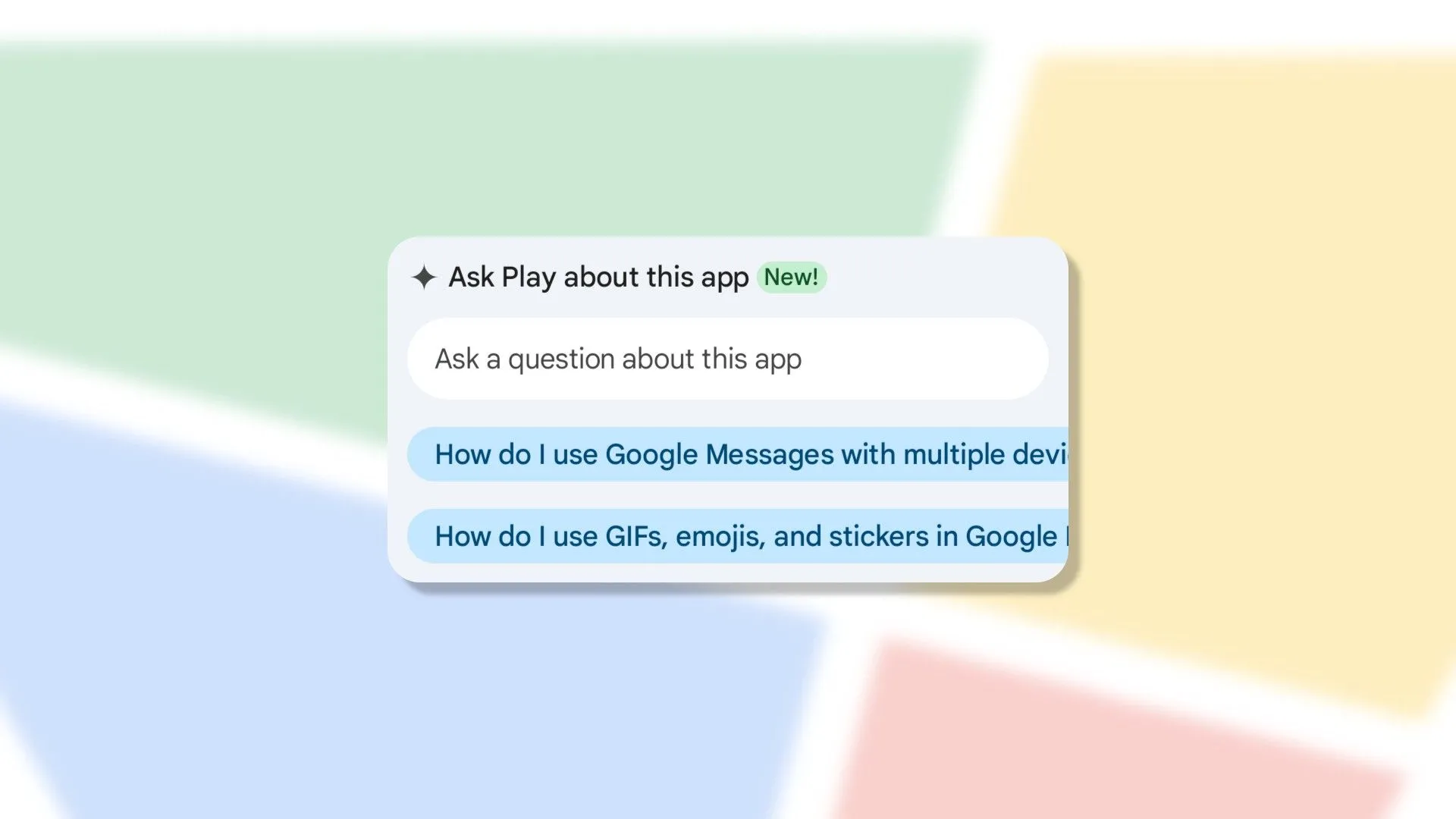 Màn hình điện thoại hiển thị giao diện Google Play Store với tính năng hỏi đáp ứng dụng mới, được hỗ trợ bởi AI.