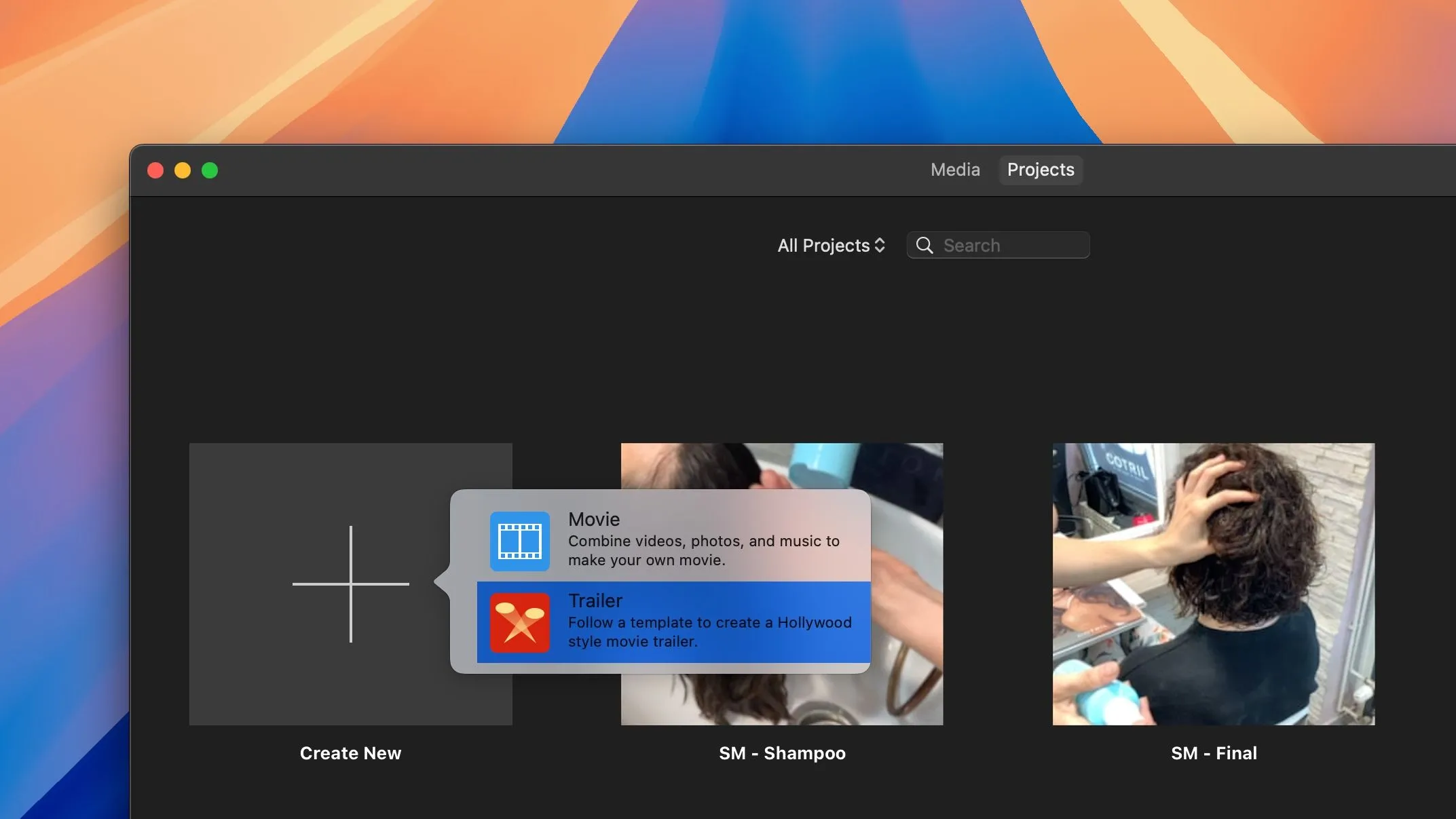 Màn hình Dự án của iMovie trên Mac, hiển thị tùy chọn tạo trailer phim mới đã được chọn.