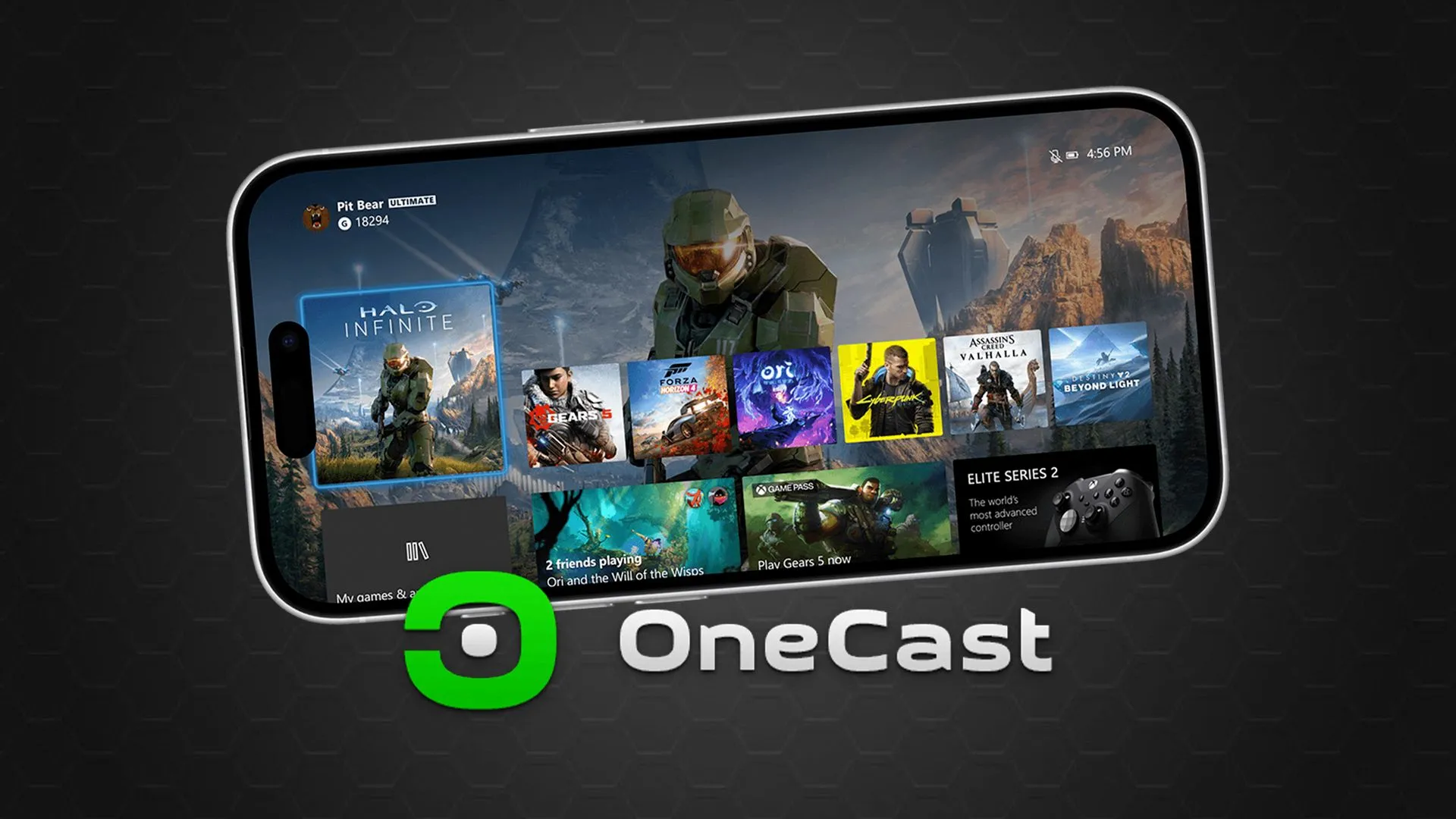 Màn hình iPad hoặc iPhone hiển thị giao diện Xbox Cloud Gaming thông qua ứng dụng OneCast, với các tựa game Xbox và tay cầm điều khiển ảo