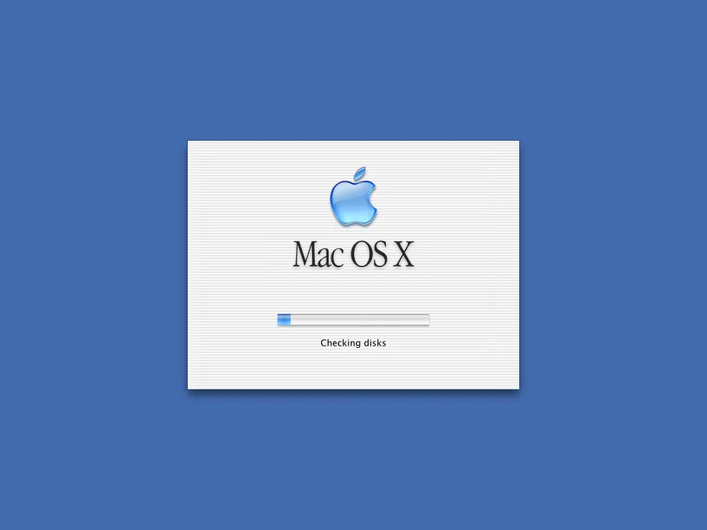Màn hình khởi động của hệ điều hành Mac OS X với giao diện Aqua đặc trưng.