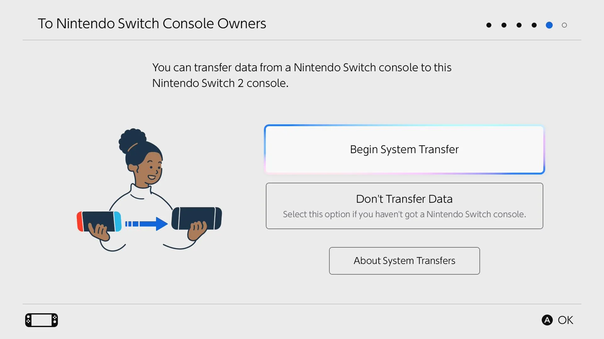 Màn hình lựa chọn "Begin System Transfer" trên Nintendo Switch 2 khi cài đặt lần đầu.