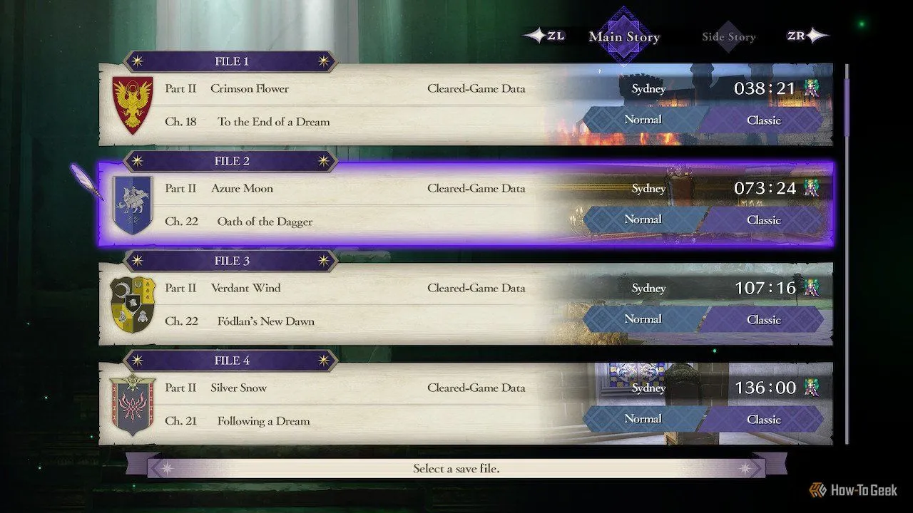 Màn hình lưu game Fire Emblem: Three Houses hiển thị bốn tuyến truyện đã hoàn thành, nhấn mạnh yếu tố đa kết thúc.