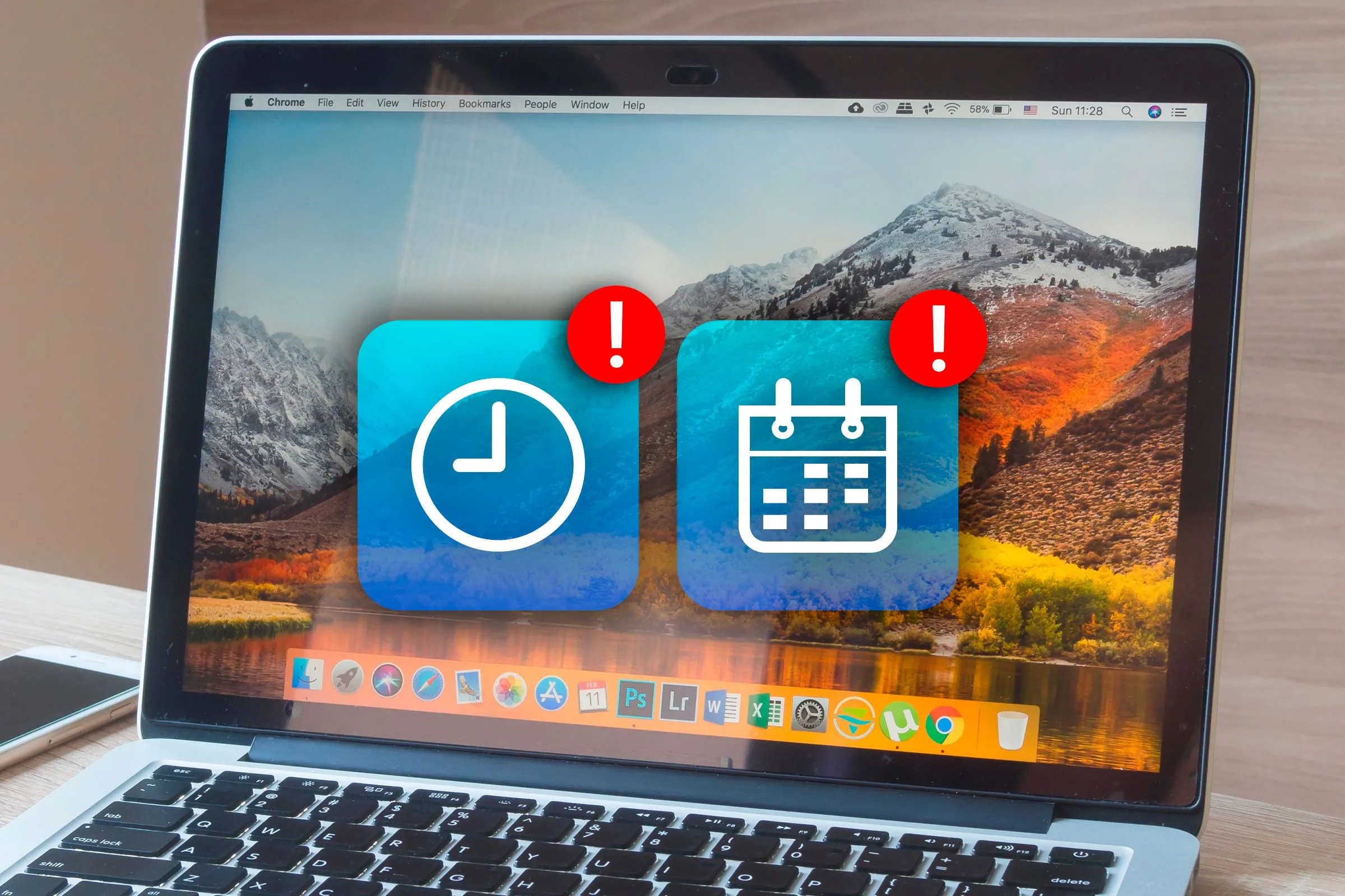 Màn hình MacBook hiển thị ứng dụng lịch và thời gian, minh họa việc kiểm tra ngày đăng tin tuyển dụng.