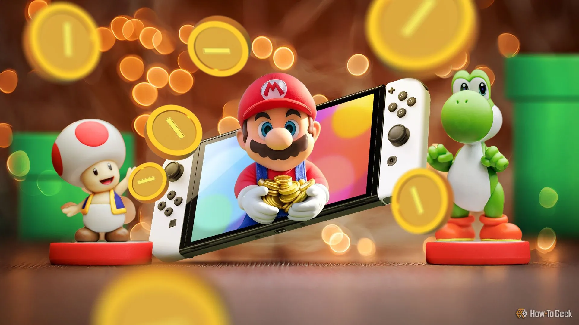 Màn hình máy Nintendo Switch hiển thị game Super Mario với các nhân vật Mario, Toad, Yoshi và đồng xu, tượng trưng cho giá trị trao đổi khi nâng cấp lên Switch 2.