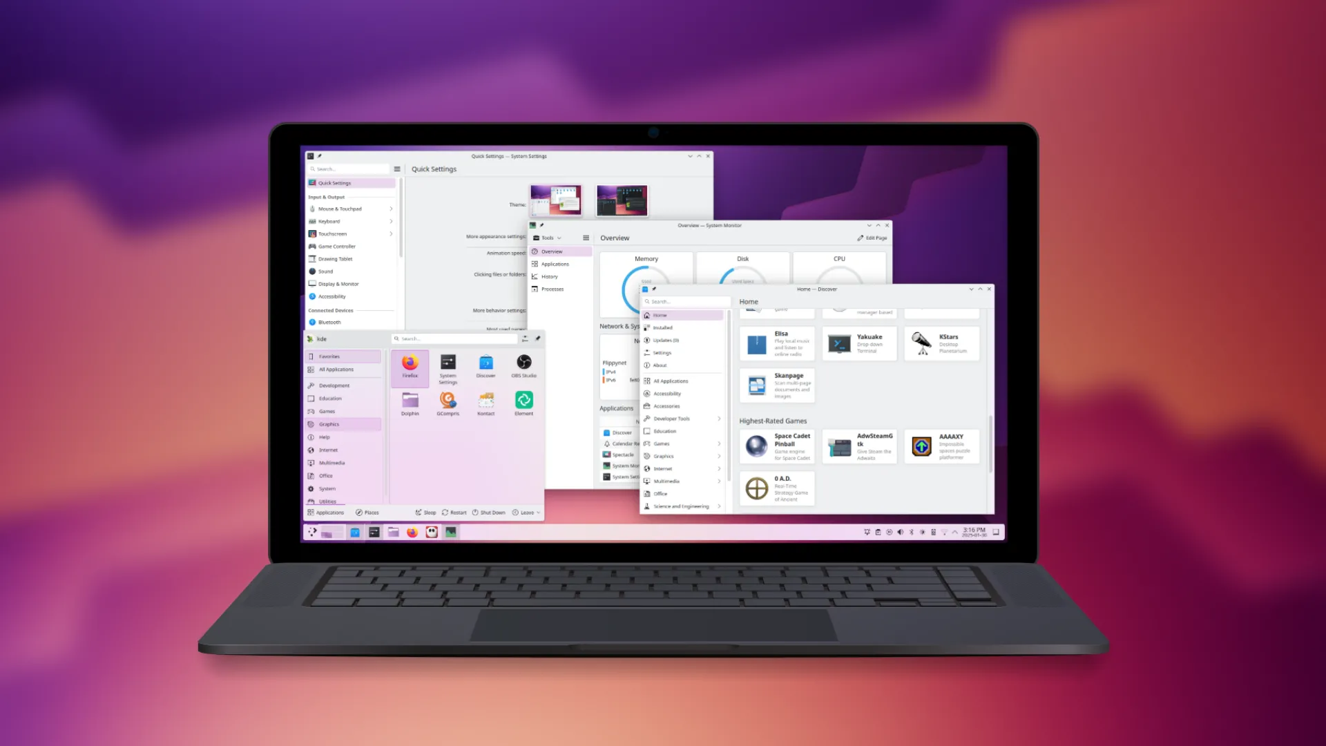 Màn hình máy tính xách tay với giao diện KDE Plasma màu tím và vàng