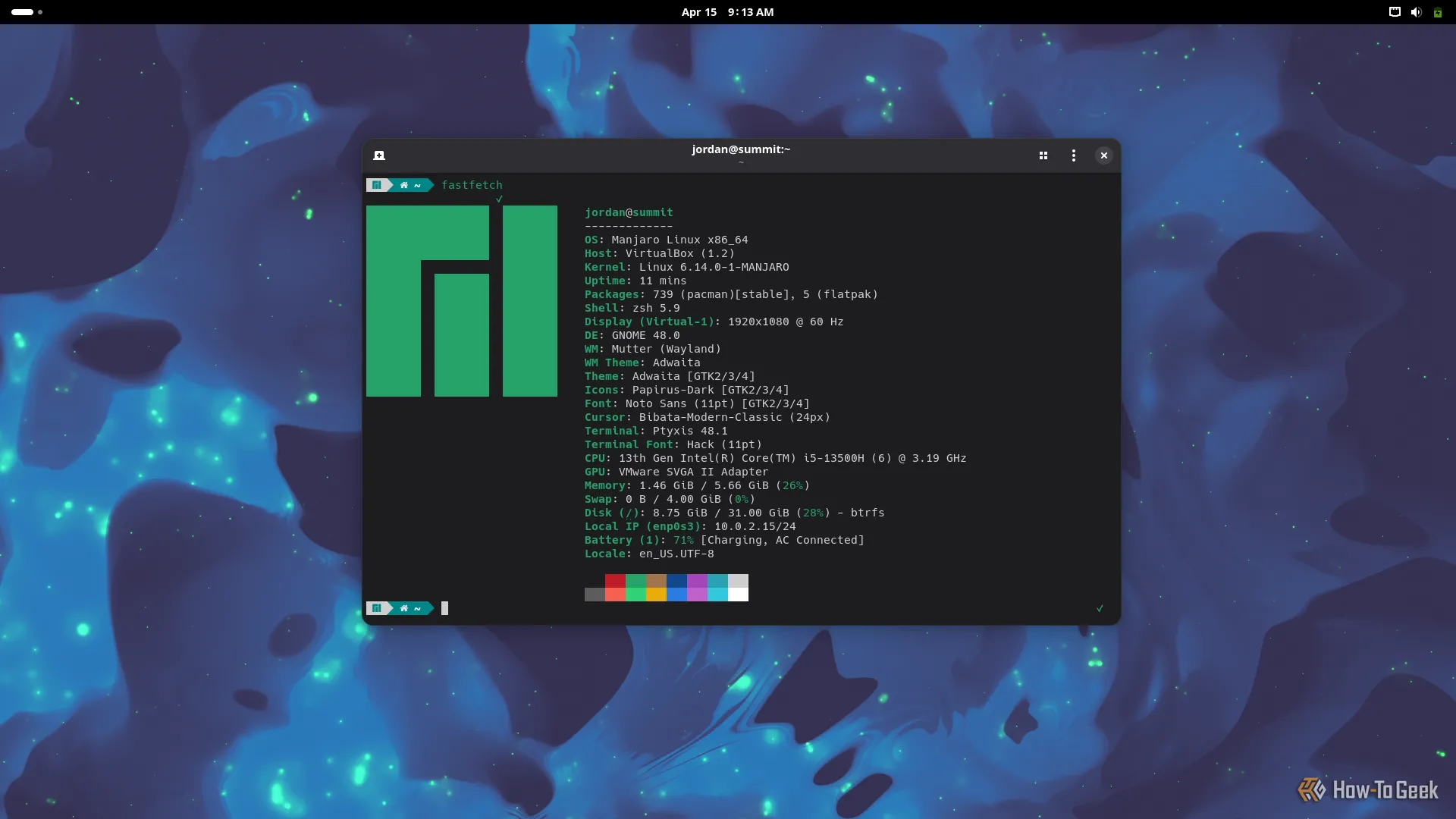 Màn hình nền Manjaro Summit hiển thị thiết bị đầu cuối với thông số hệ thống và giao diện người dùng thân thiện