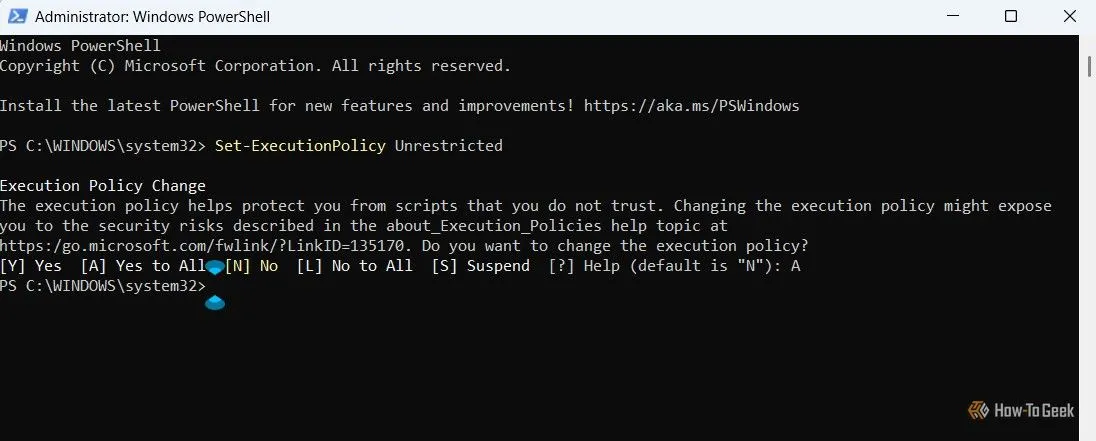 Màn hình PowerShell hiển thị lệnh Set-ExecutionPolicy Unrestricted để loại bỏ giới hạn thực thi script.