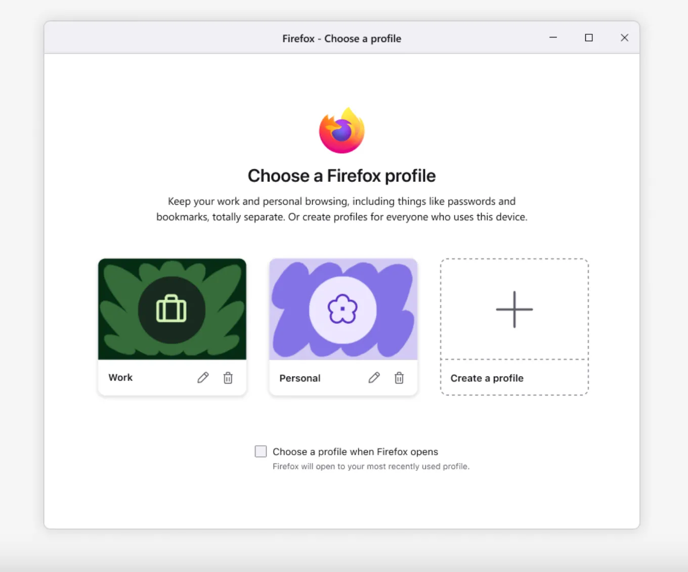 Màn hình quản lý hồ sơ (profile) của trình duyệt Firefox 138