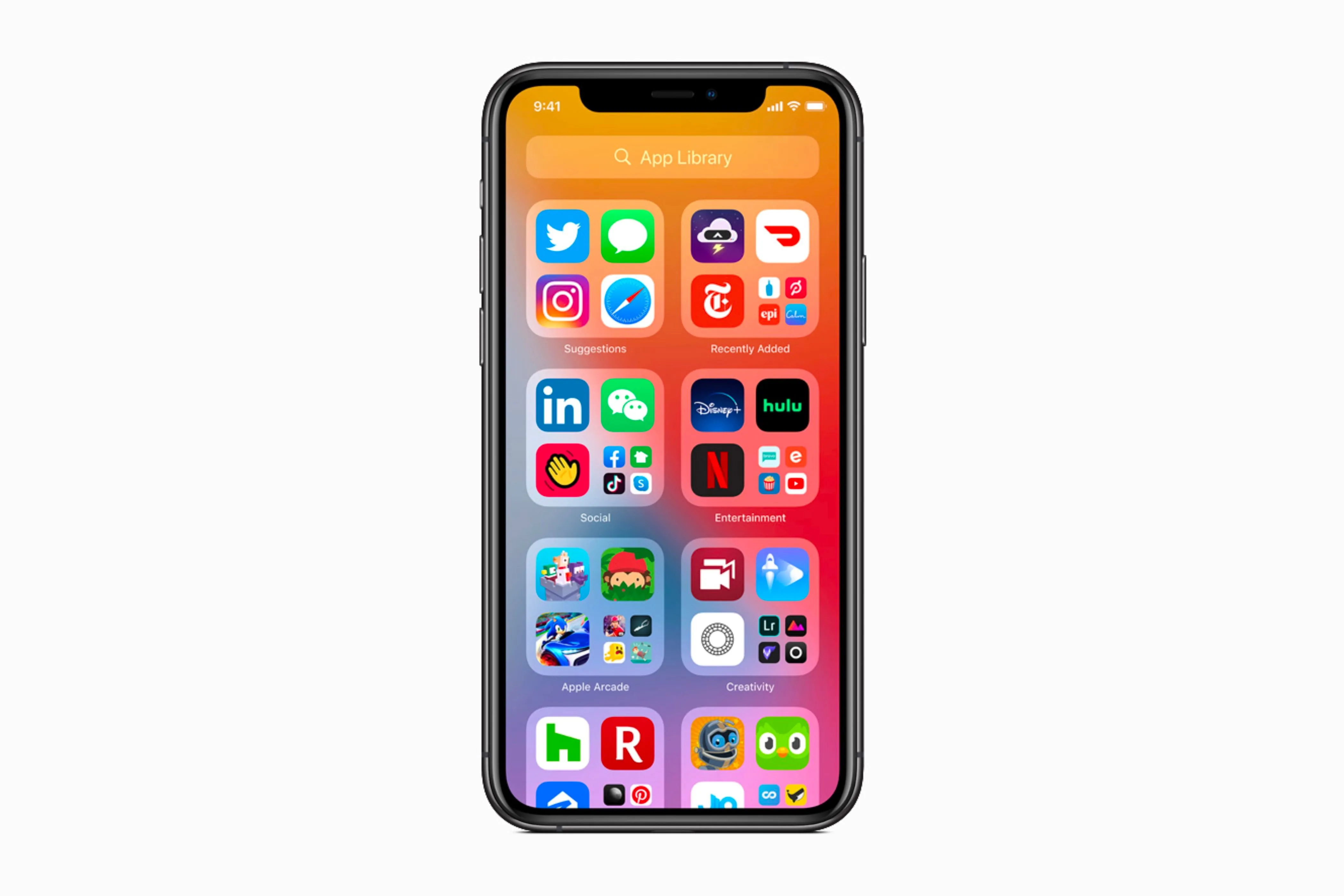 Màn hình Thư viện ứng dụng (App Library) trên iPhone chạy iOS 14, hiển thị các ứng dụng được phân loại tự động.
