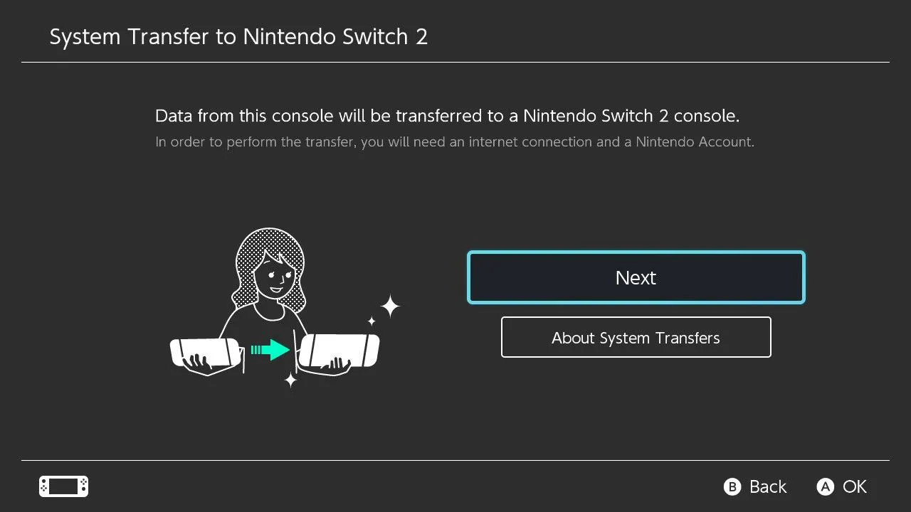 Màn hình tùy chọn &quot;System Transfer to Nintendo Switch 2&quot; trong phần cài đặt hệ thống của Nintendo Switch cũ.