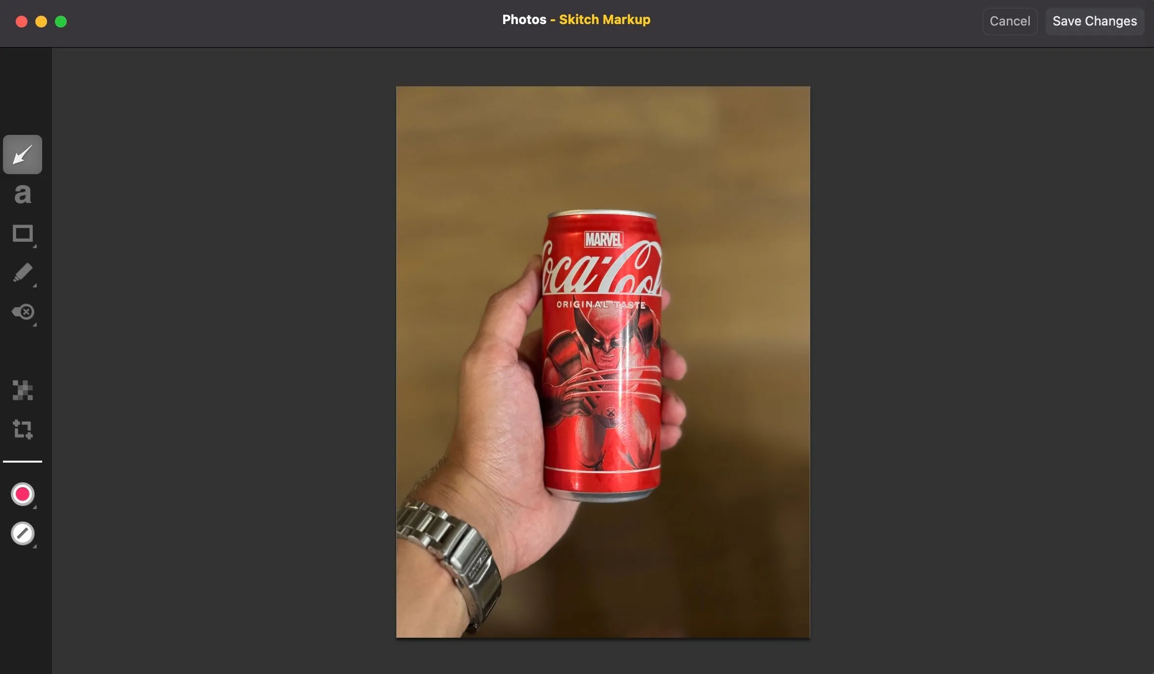 Màn hình ứng dụng Photos trên macOS hiển thị ảnh đang được chỉnh sửa bằng tiện ích mở rộng của Skitch, minh họa khả năng tích hợp ứng dụng bên thứ ba.