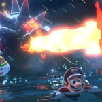 Mario và Bowser Jr. né tránh đòn phun lửa từ Bowser trong một khung cảnh 3D, gợi ý game Mario 3D mới trên Nintendo Switch 2