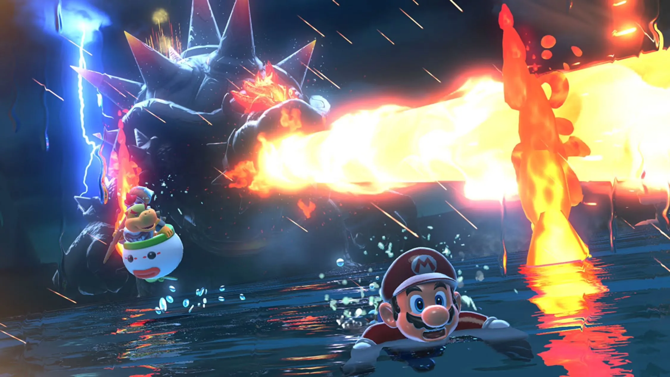 Mario và Bowser Jr. né tránh đòn phun lửa từ Bowser trong một khung cảnh 3D, gợi ý game Mario 3D mới trên Nintendo Switch 2
