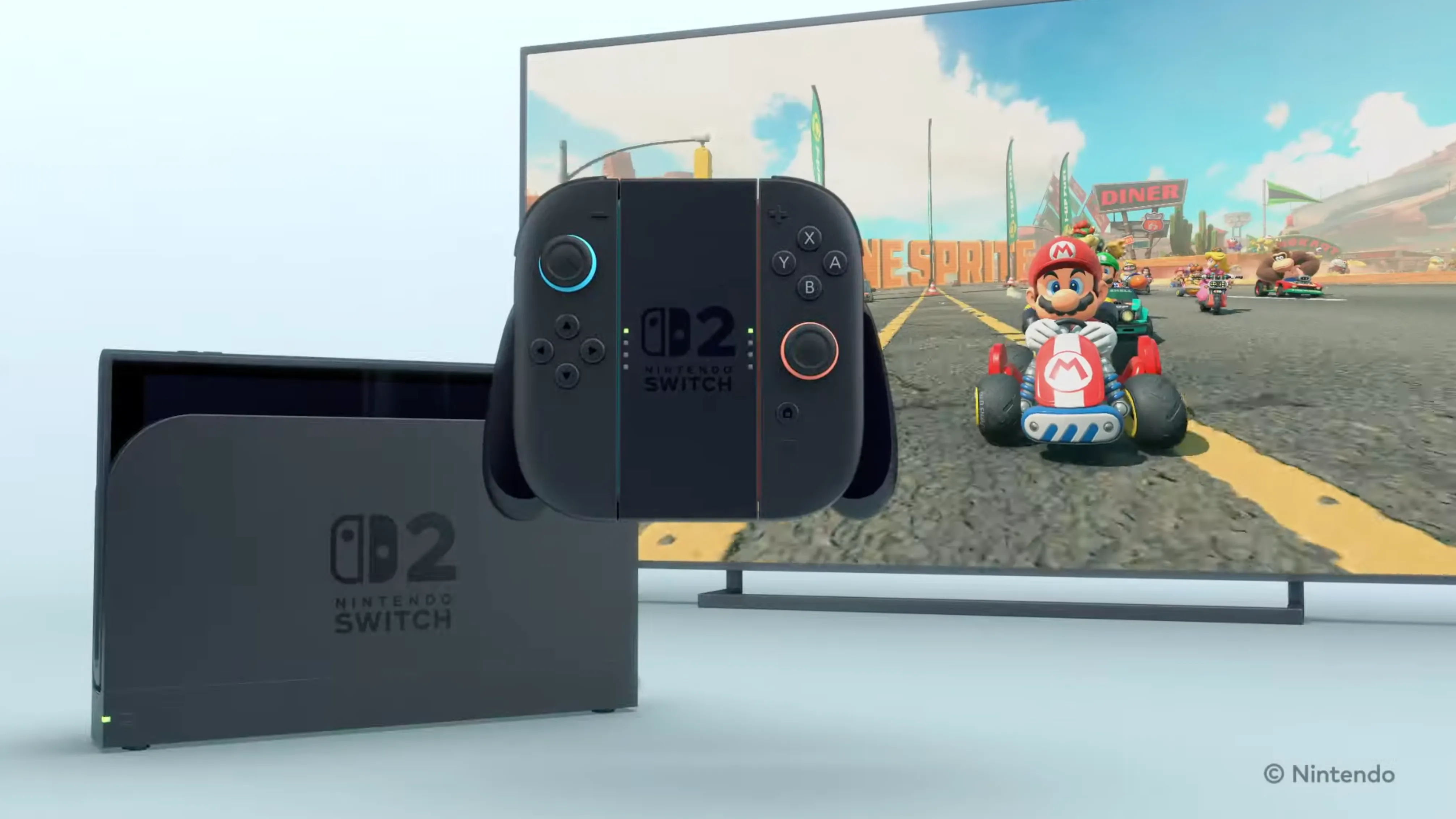 Máy chơi game Nintendo Switch 2 đang kết nối với dock, hiển thị game Mario Kart trên màn hình lớn, minh họa gói ưu đãi độc quyền khi mua sớm.