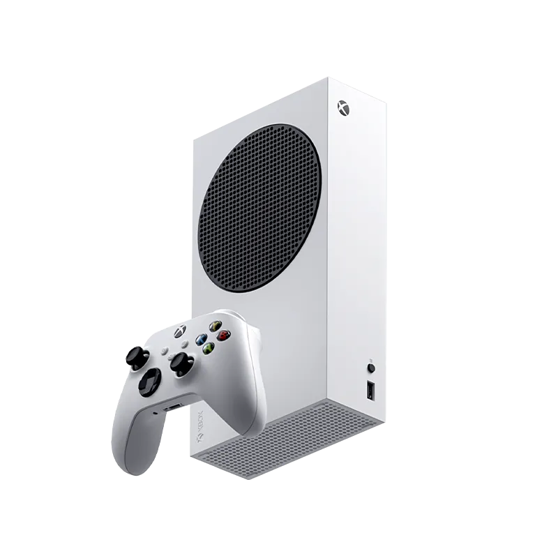 Máy console Xbox Series S màu trắng đi kèm với tay cầm điều khiển.