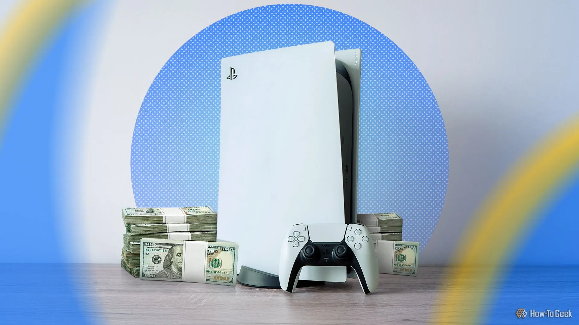 Máy PlayStation 5 đặt cạnh xấp tiền, tượng trưng cho chi phí đầu tư ban đầu cao của console truyền thống.