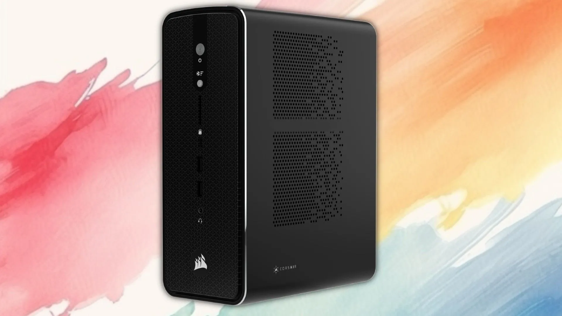 Máy trạm AI Corsair AI Workstation 300 siêu nhỏ gọn, đặt nghiêng trên nền màu đơn sắc, nhấn mạnh hiệu năng cao.
