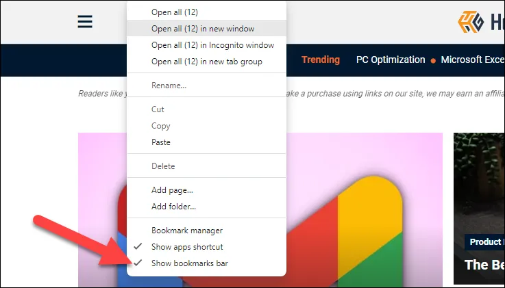 Menu chuột phải hiển thị tùy chọn &quot;Show Bookmarks Bar&quot; để ẩn hoặc hiện thanh dấu trang Chrome.
