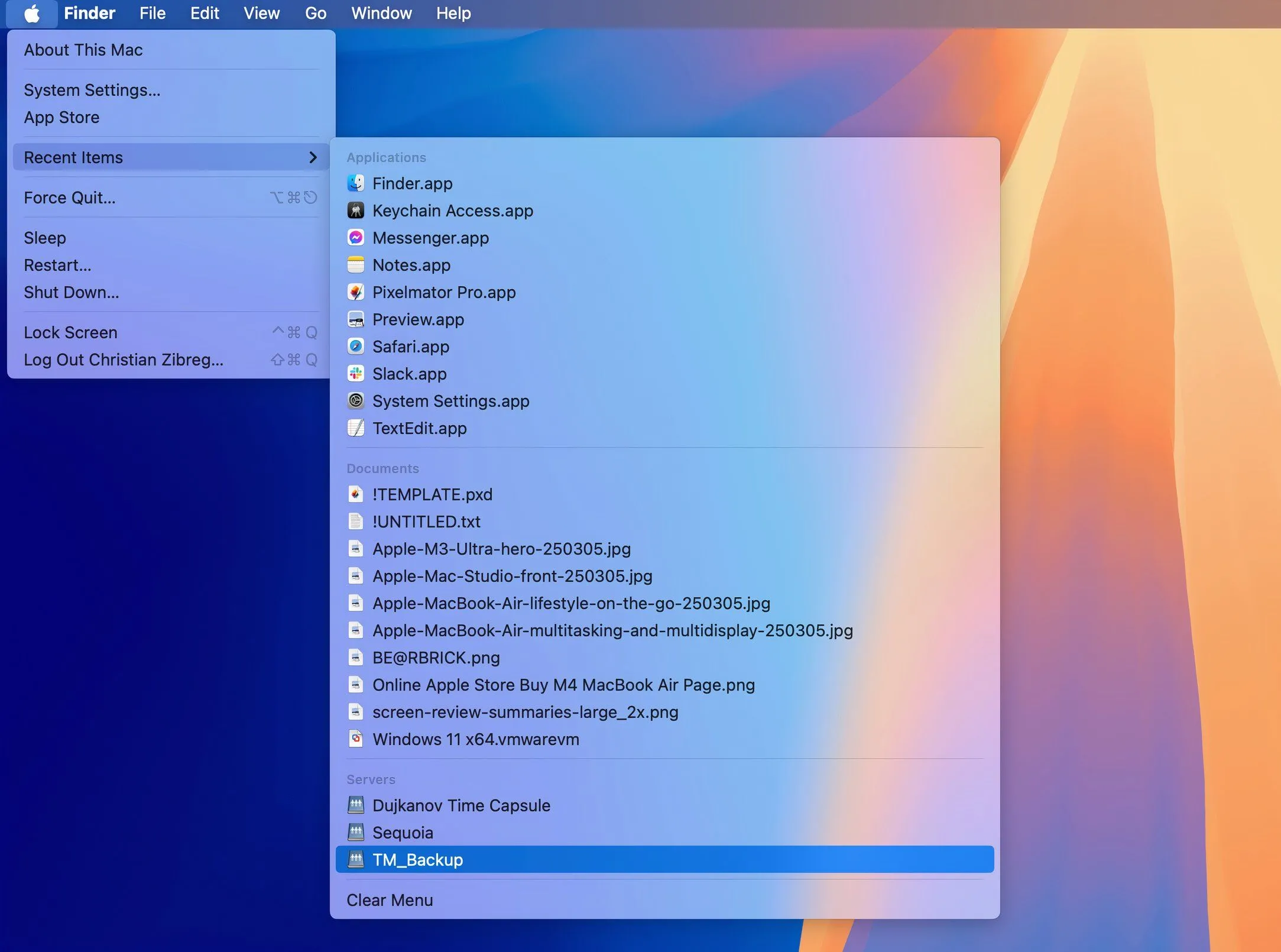 Menu &quot;Mục Gần Đây&quot; (Recent Items) trên macOS, với một máy chủ được chọn trong phần &quot;Servers&quot;.