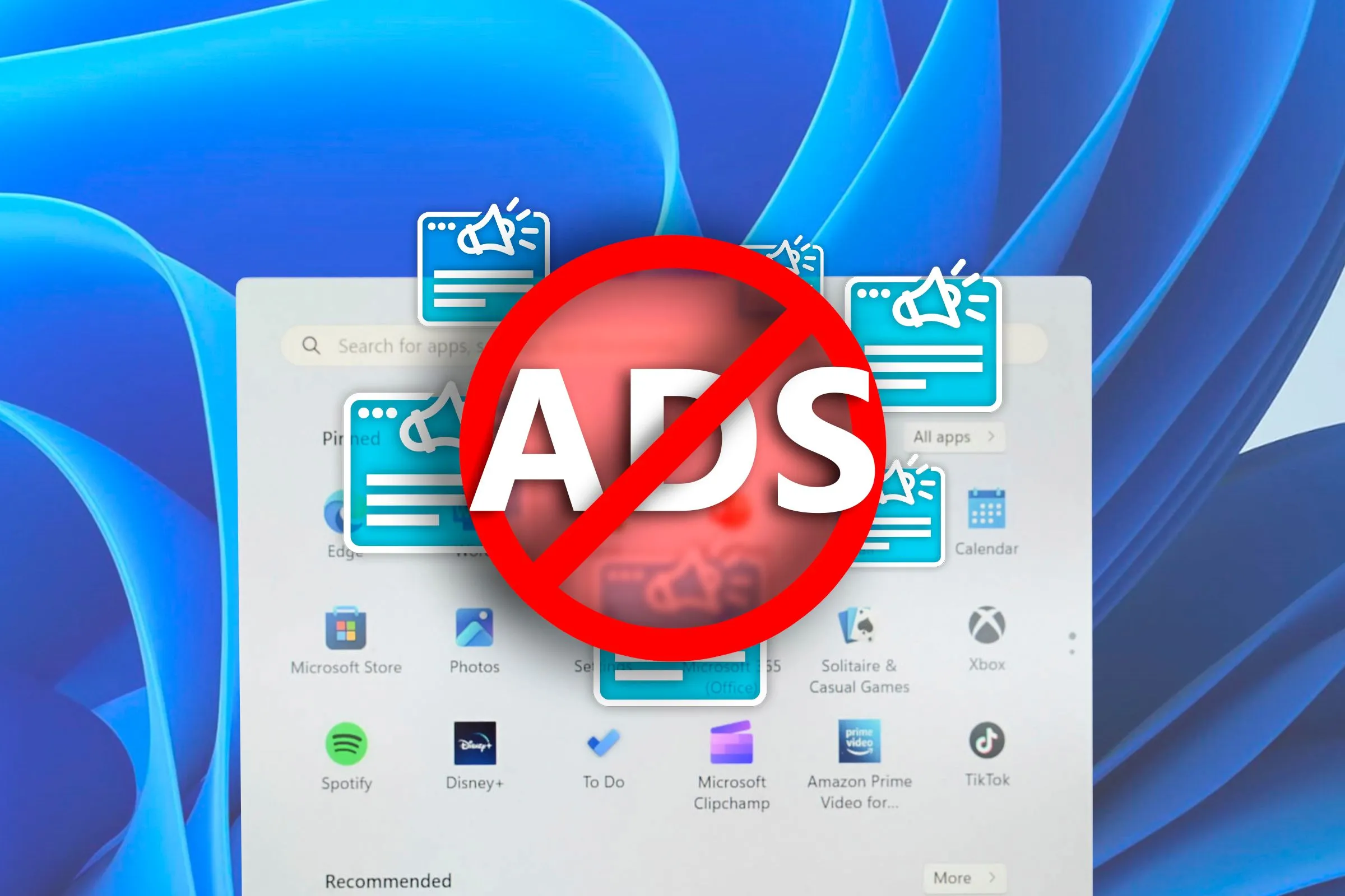 Menu Start của Windows 11 hiển thị các biểu tượng quảng cáo, cho thấy sự hiện diện của quảng cáo trong hệ điều hành Windows.