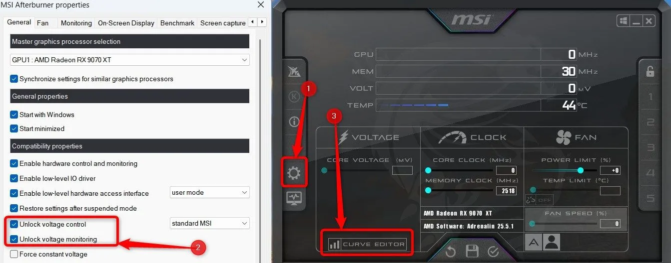 Menu tùy chọn MSI Afterburner, hiển thị cài đặt điều khiển điện áp để undervolt GPU NVIDIA