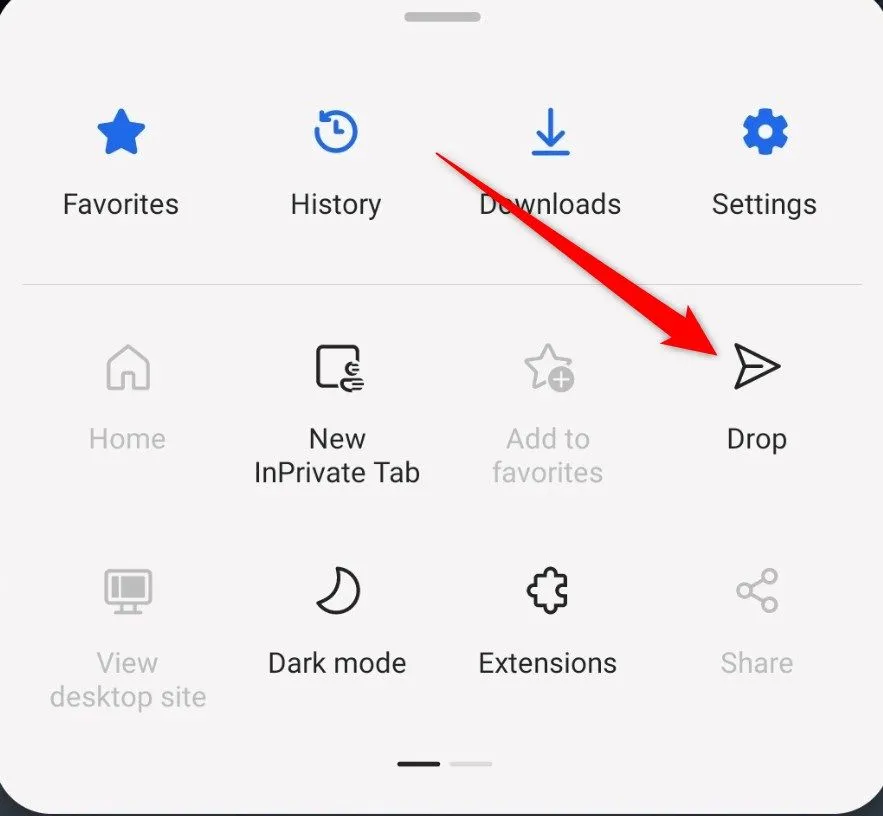 Menu tùy chọn tính năng Drop trong ứng dụng Edge mobile