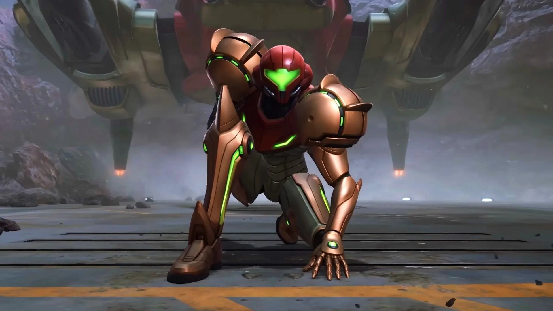Metroid Prime 4 Beyond featuring Samus with hand on the ground